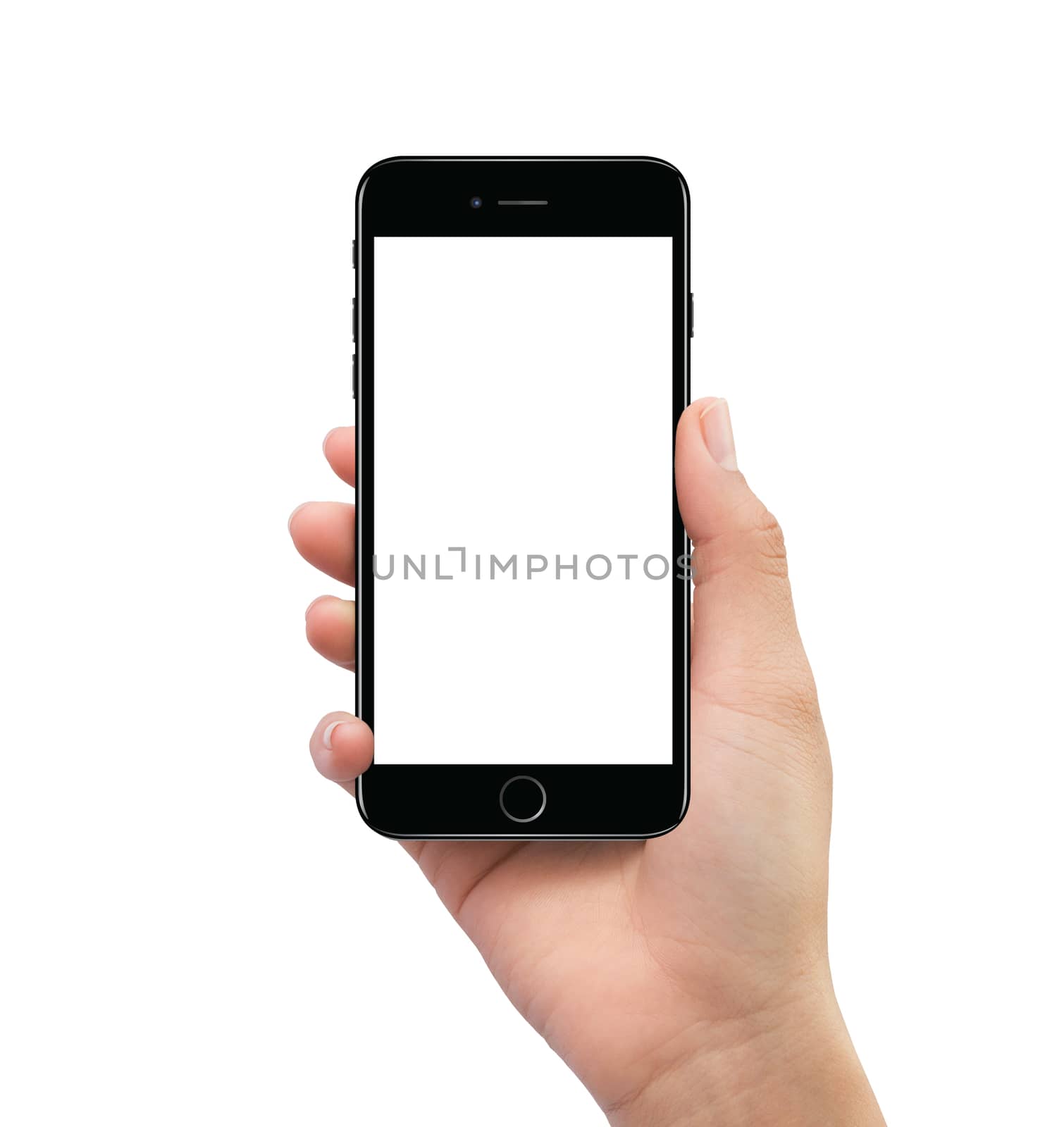 Isolated human hand holding black mobile smart phone mockup by cougarsan