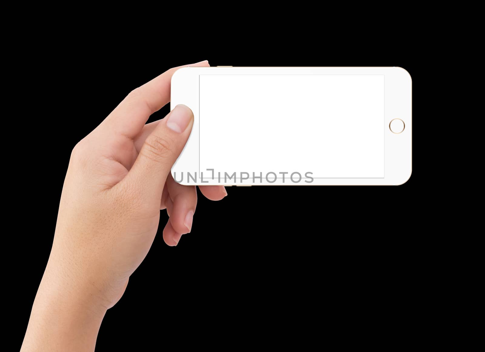 Isolated human left hand holding white mobile smart phone mockup on black background