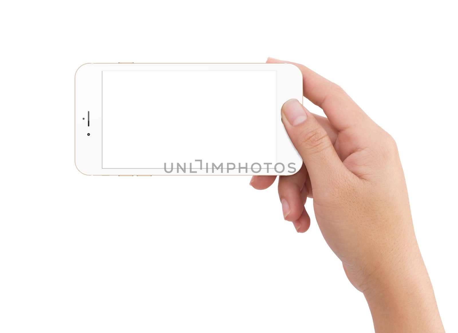 Isolated human right hand holding white mobile smart phone mockup on white background