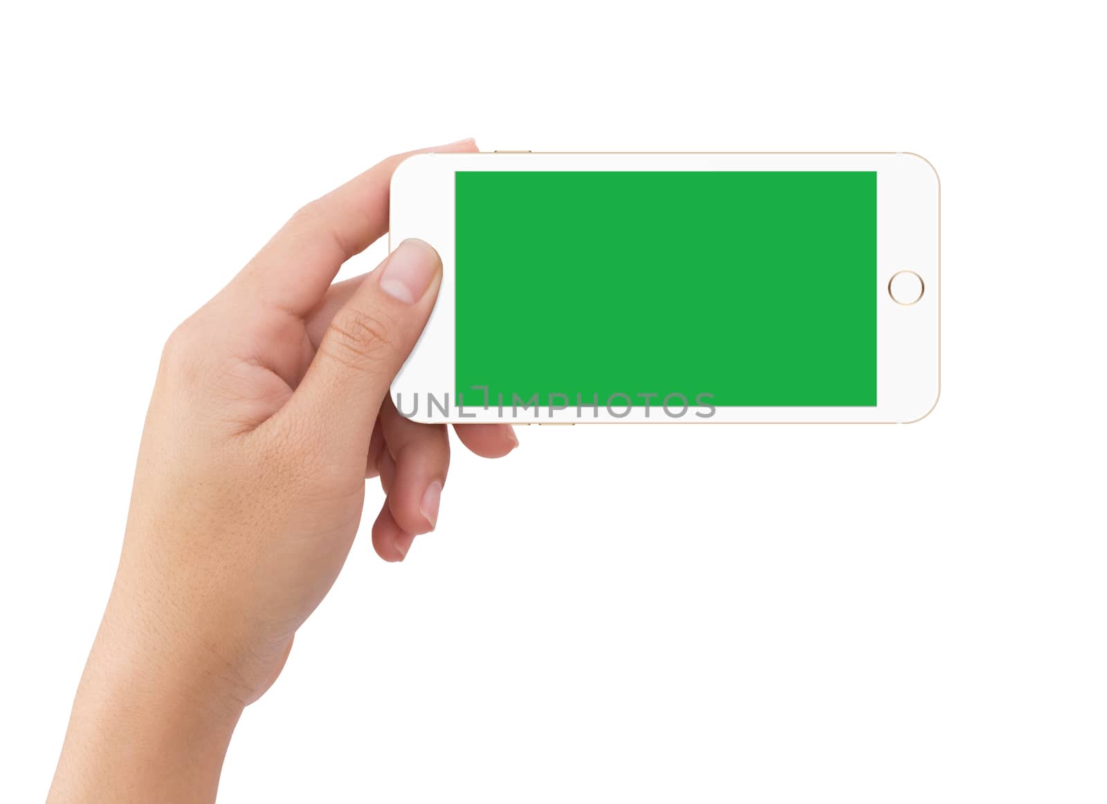 Isolated human left hand holding green screen white mobile phone by cougarsan