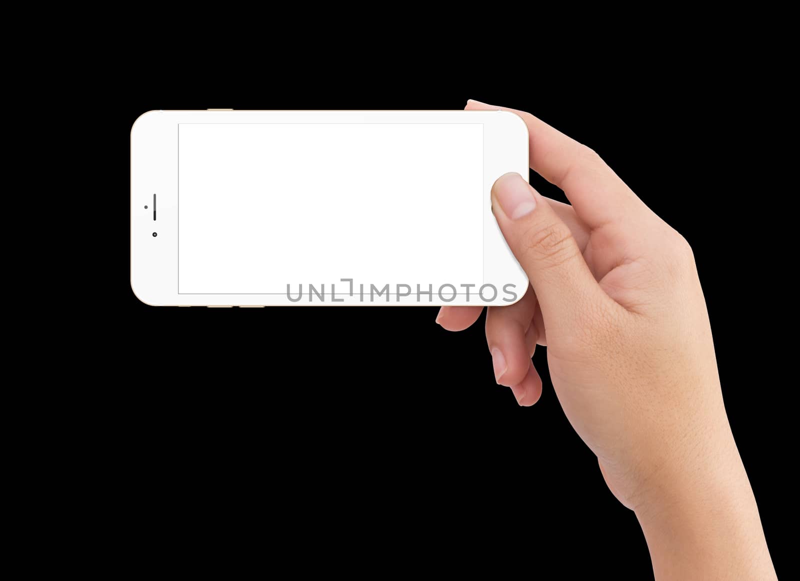 Isolated human right hand holding white mobile smart phone mockup on black background