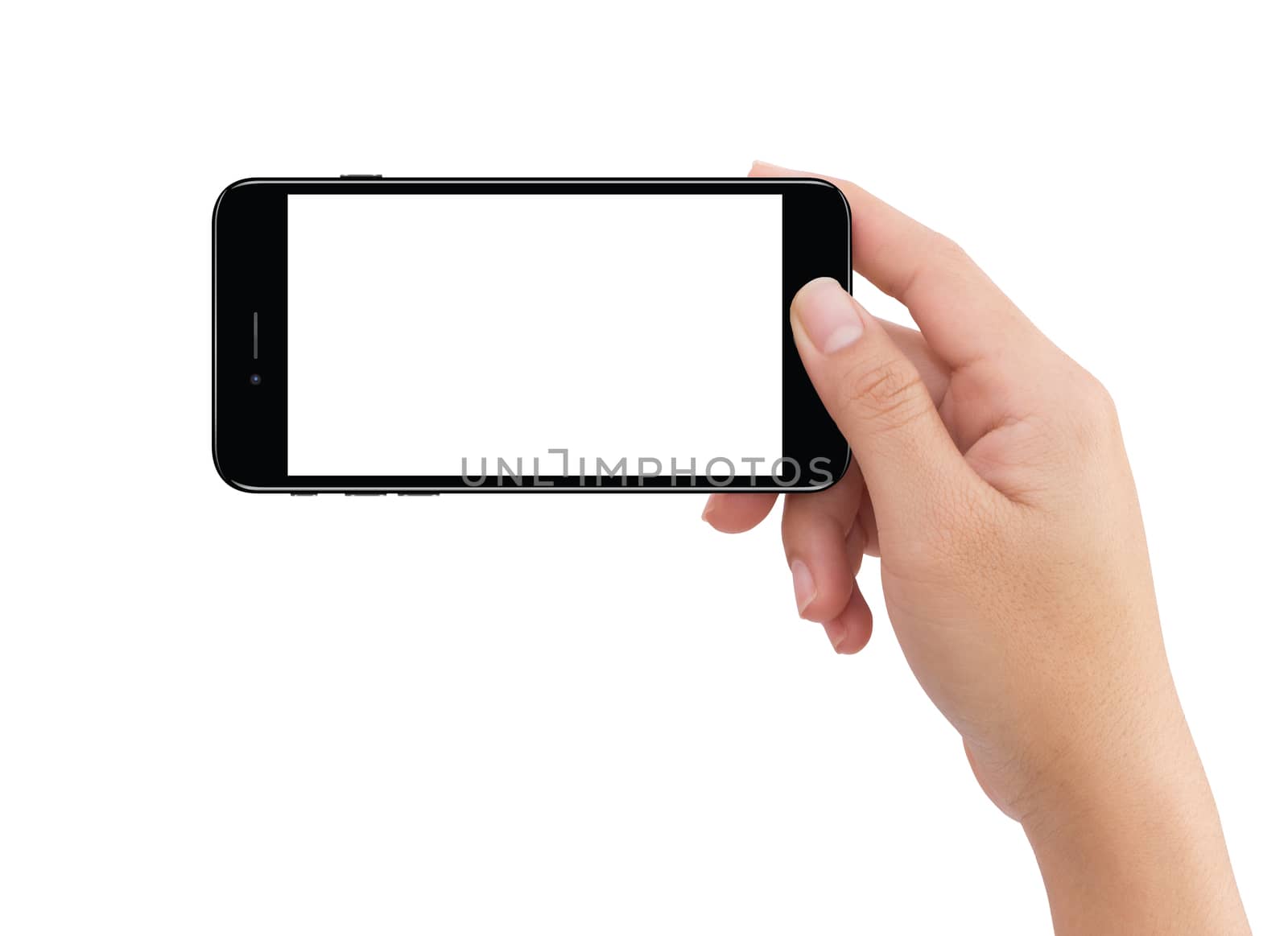 Isolated human right hand holding black mobile smart phone mockup on white background