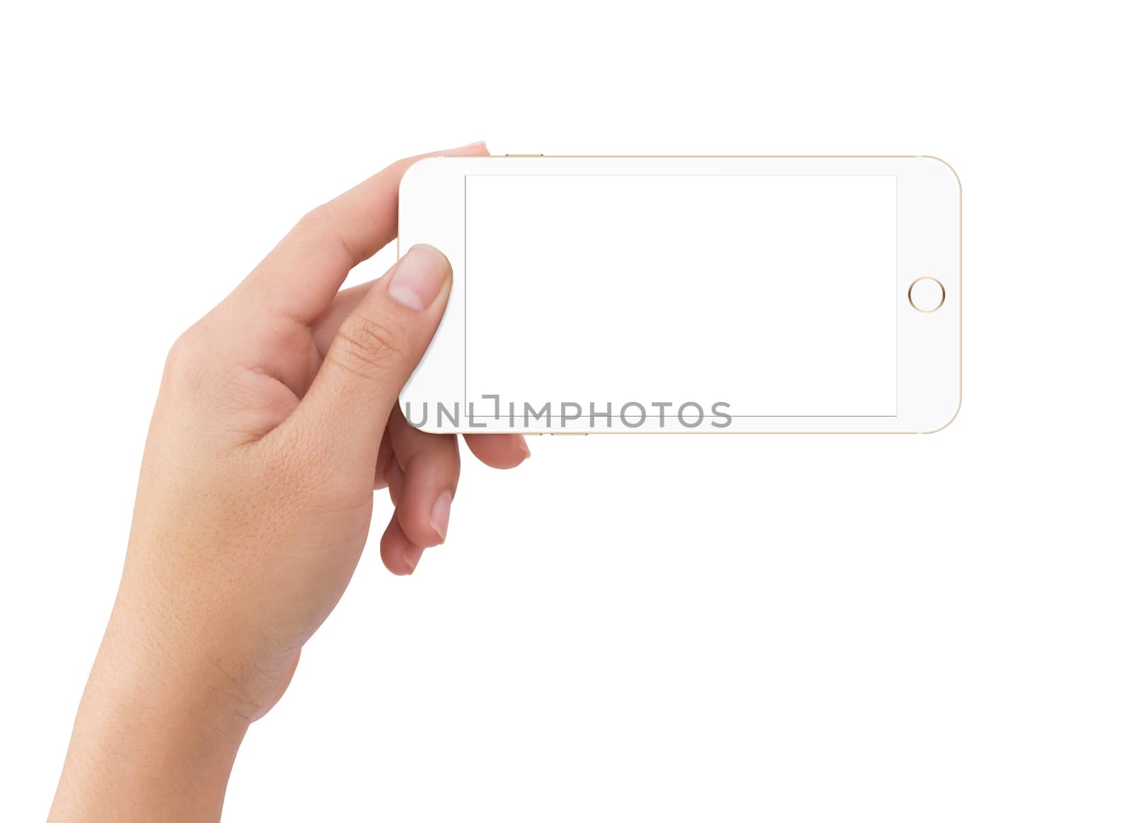 Isolated human left hand holding white mobile smart phone mockup on white background
