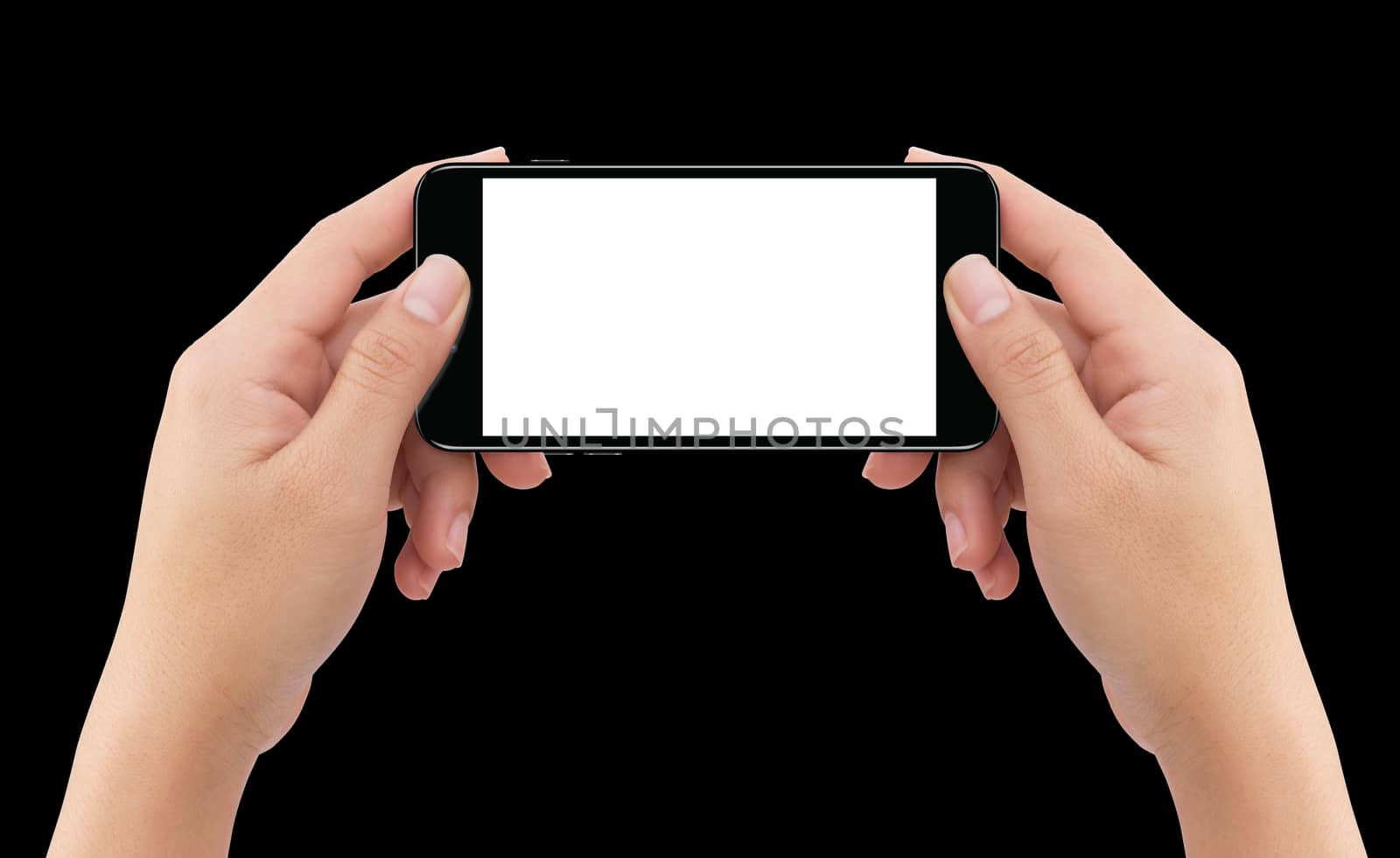 Isolated human two hands holding black mobile smart phone mockup on black background