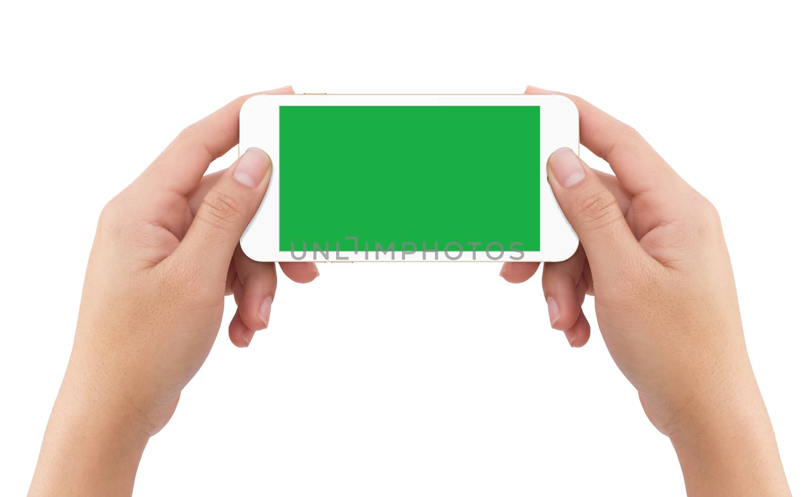 Isolated human two hands holding white mobile computer green screen mockup on white background