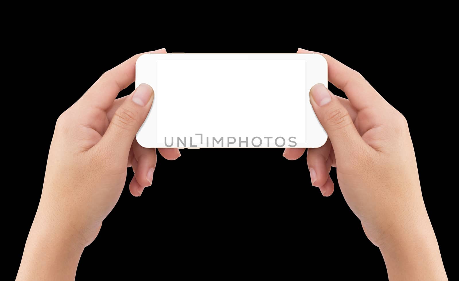 Isolated human two hands holding white mobile smart phone mockup on black background