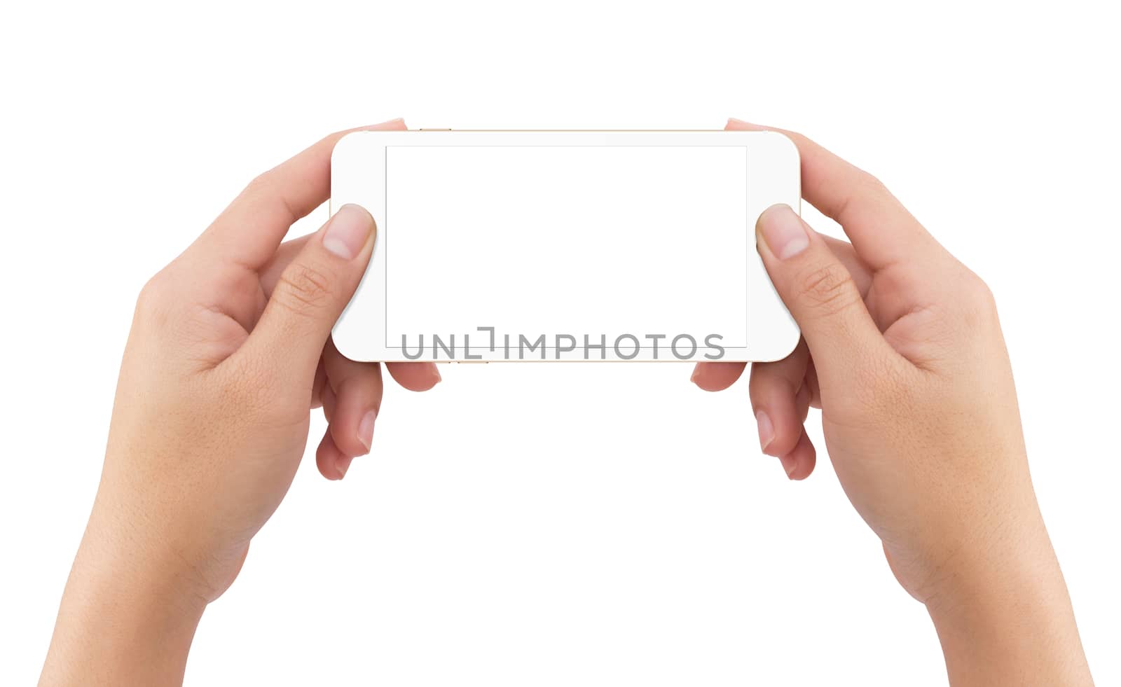 Isolated human two hands holding white mobile smart phone mockup on white background