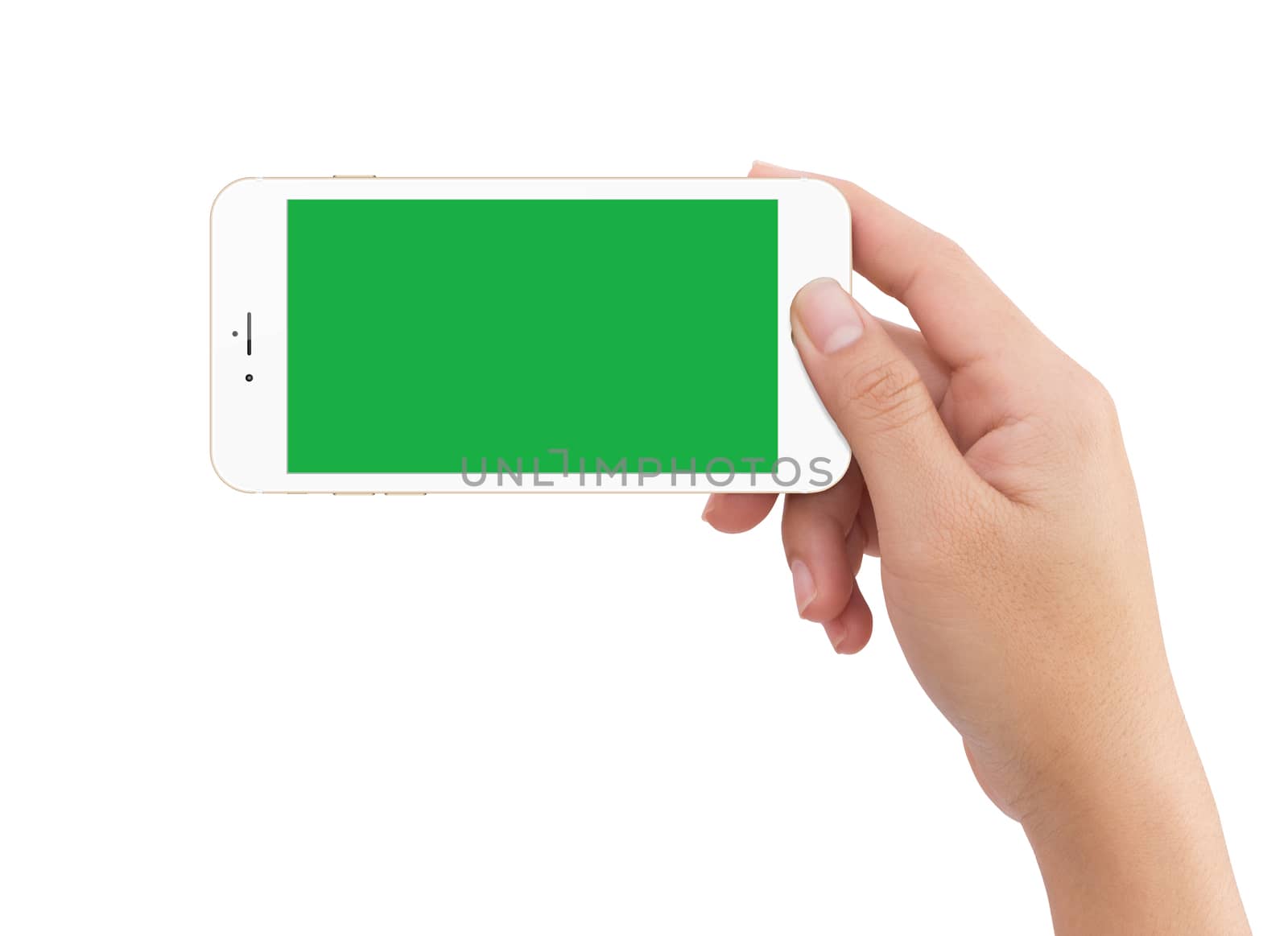 Isolated human right hand holding green screen white mobile smart phone mockup on white background