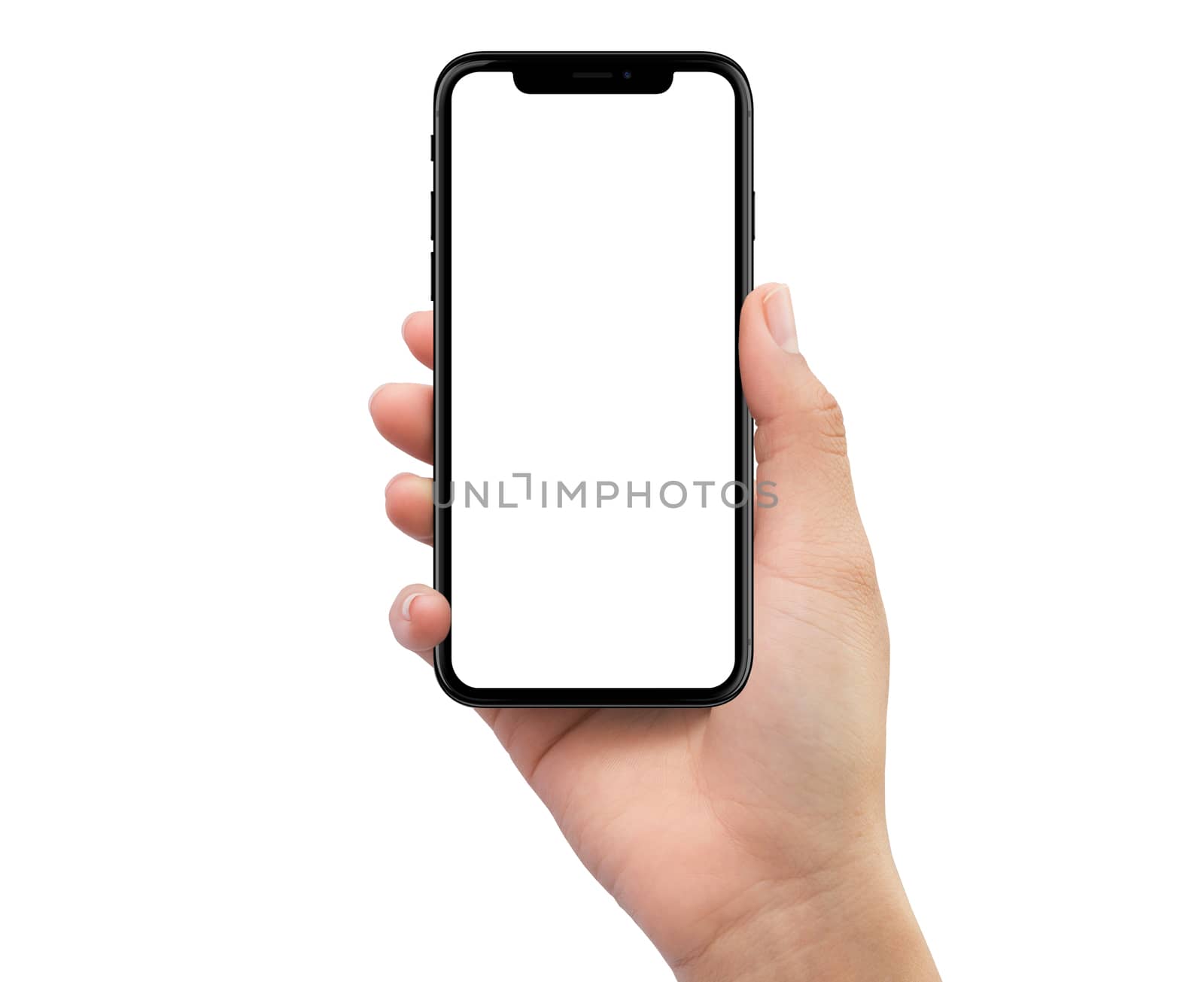 Isolated Isolated human right hand holding black mobile smartphone on white background