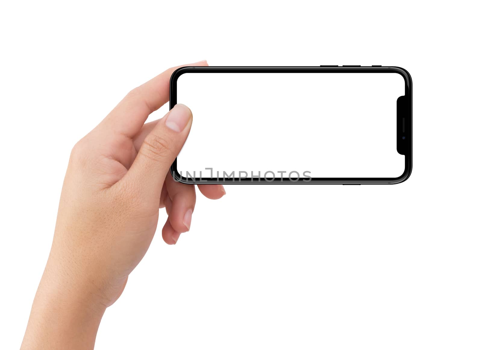 Isolated human left hand holding black mobile smart phone mockup on white background