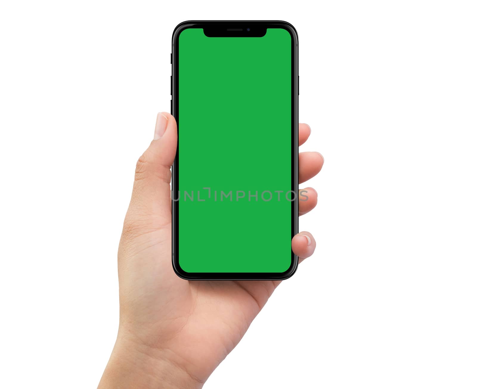 Isolated human left hand holding black mobile smartphone with green screen