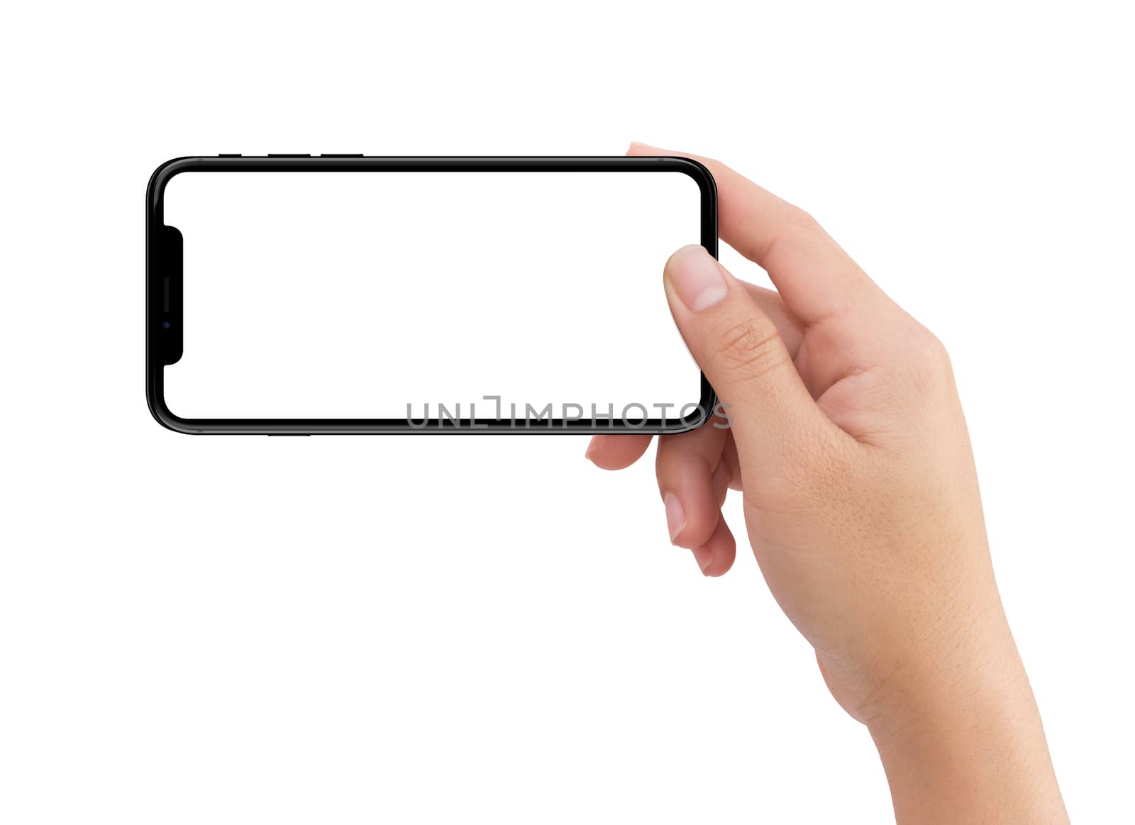 Isolated Isolated human right hand holding black horizontal smartphone phone on white background