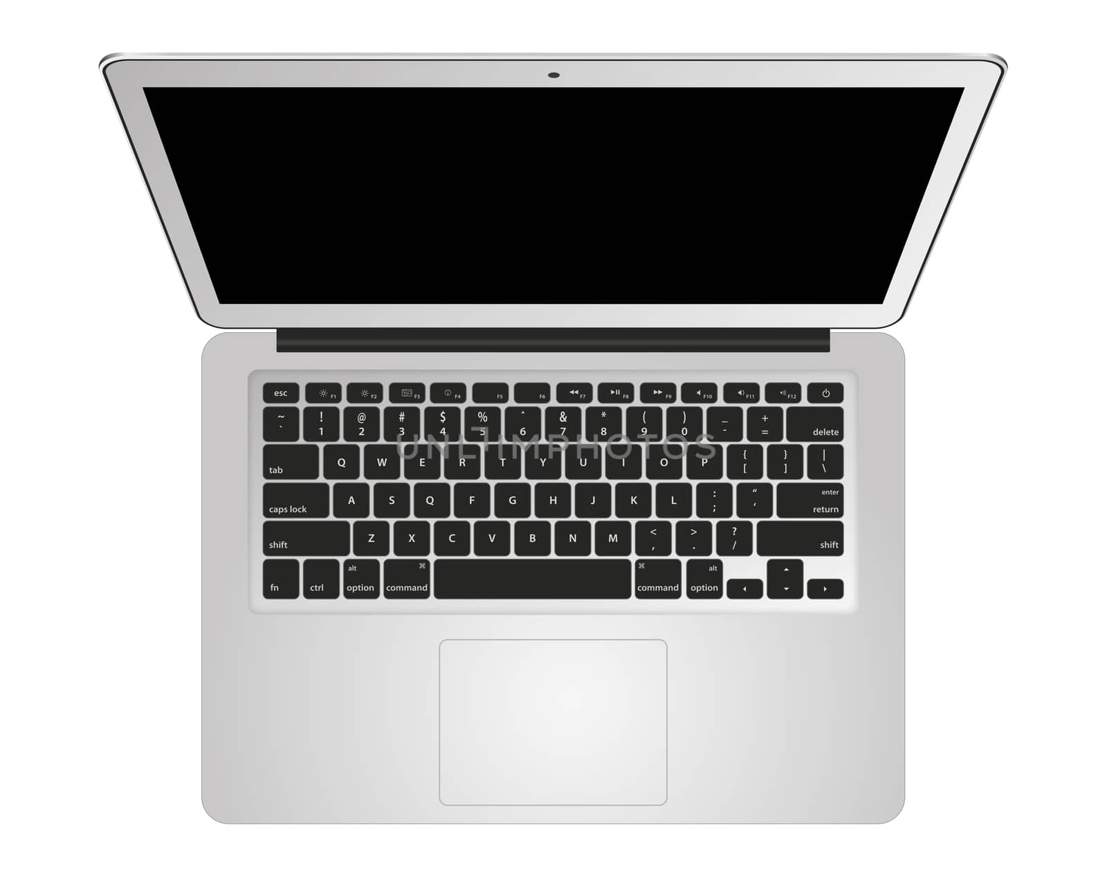 Isolated silver notebook computer mockup from top angle on white background