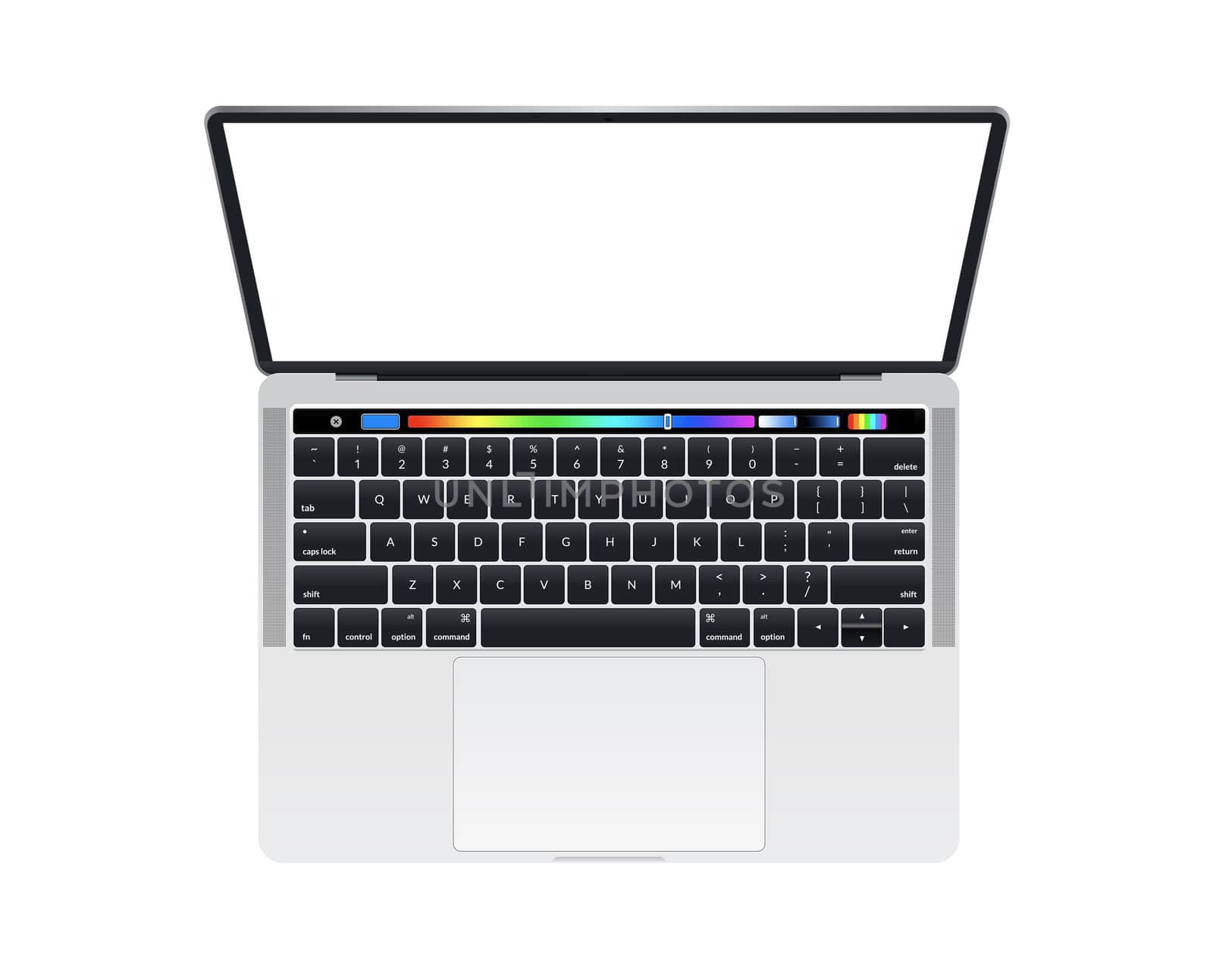 The isolated silver laptop computer with keyboard mockup on white background with touch bar graphic color picker