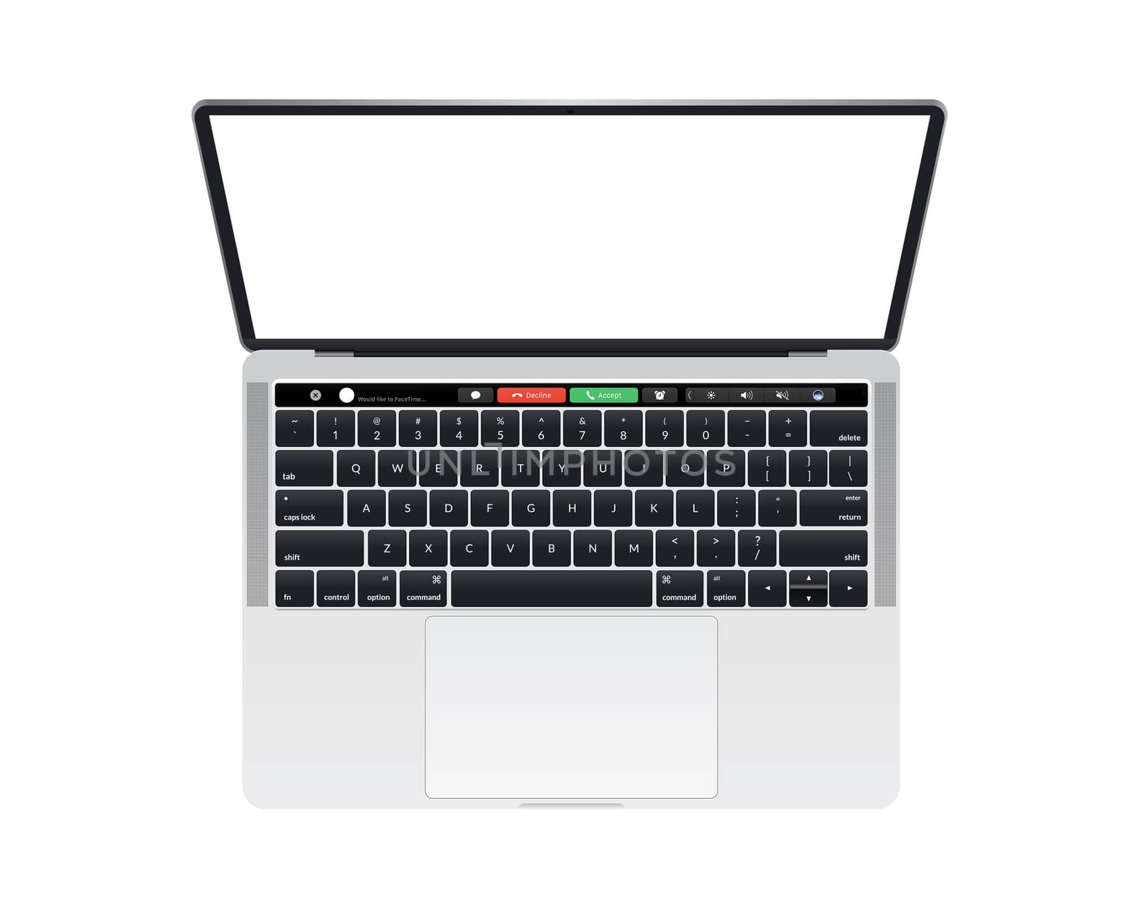 The isolated silver laptop computer with keyboard mockup on white background with touch bar phone key