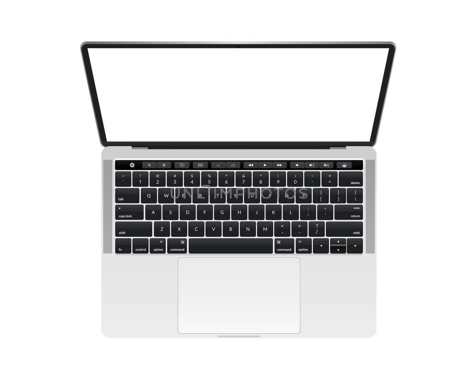 The isolated silver laptop computer with keyboard mockup on white background with touch bar music key