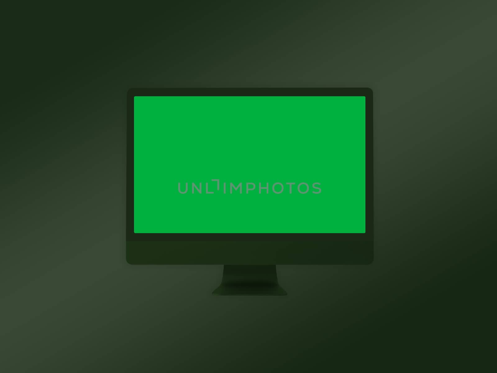 The dark green computer monitor mockup template with green screen for video production