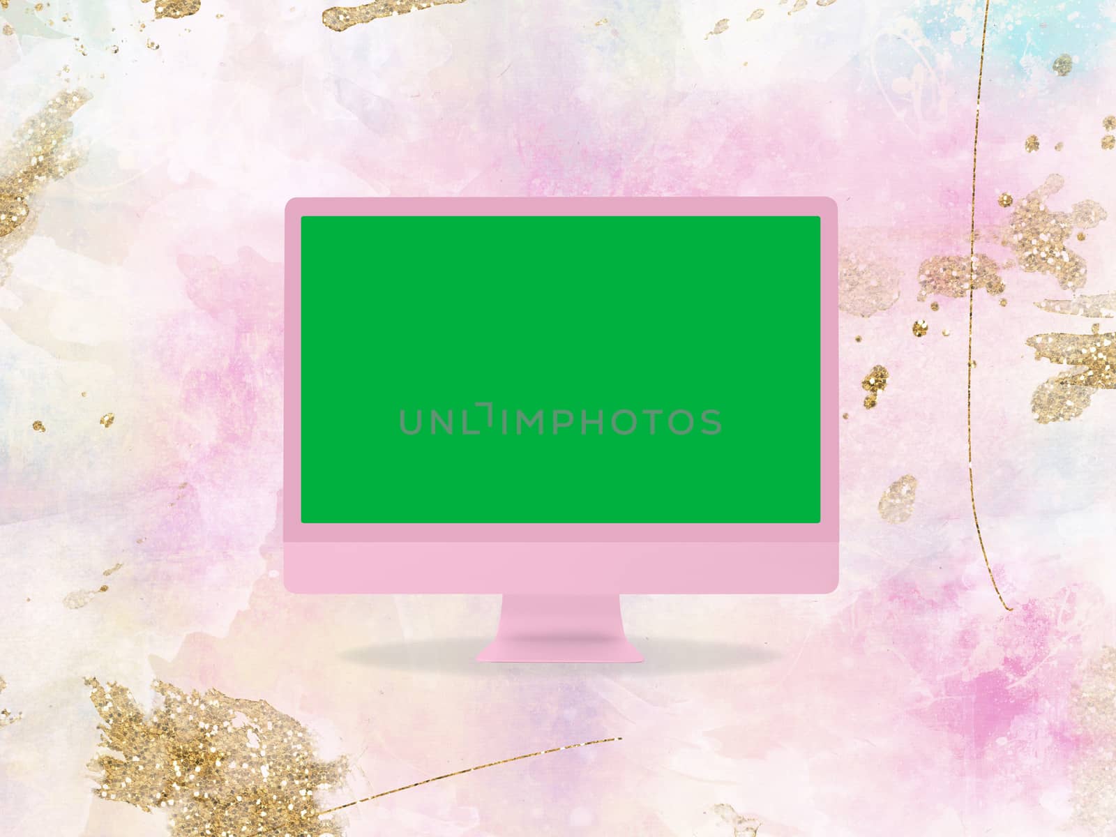 The pink computer monitor mockup template with green screen for video production