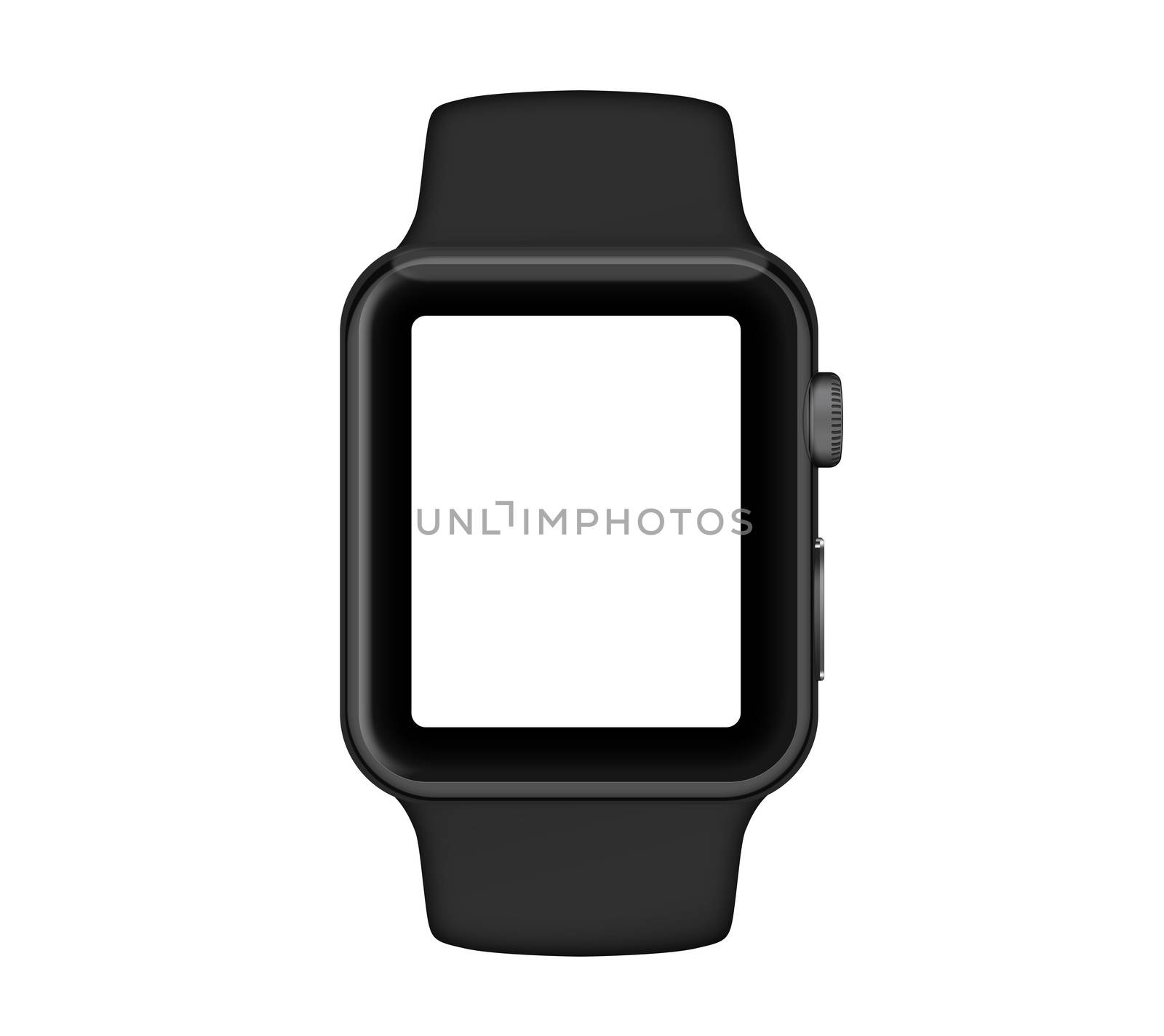 Isolated space gray aluminum case black band white screen smart watch on white background