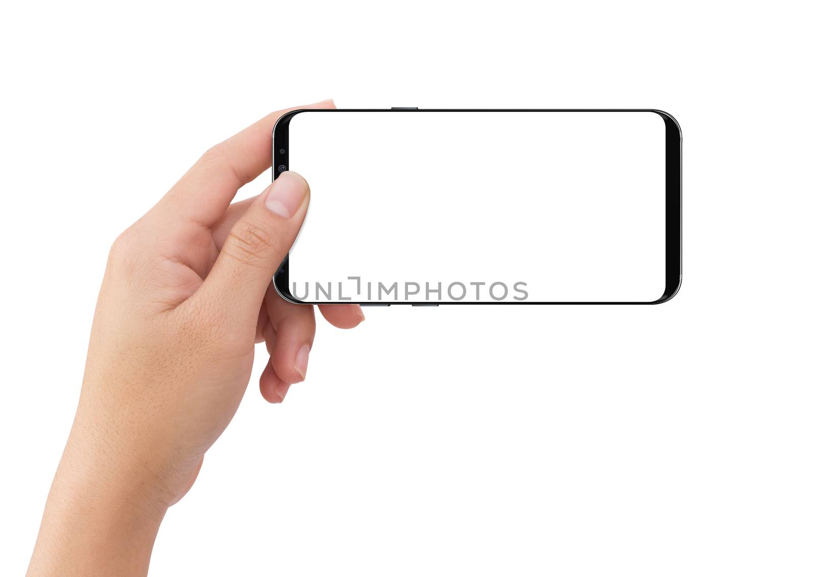 Isolated human left hand holding black mobile white screen smart phone mockup