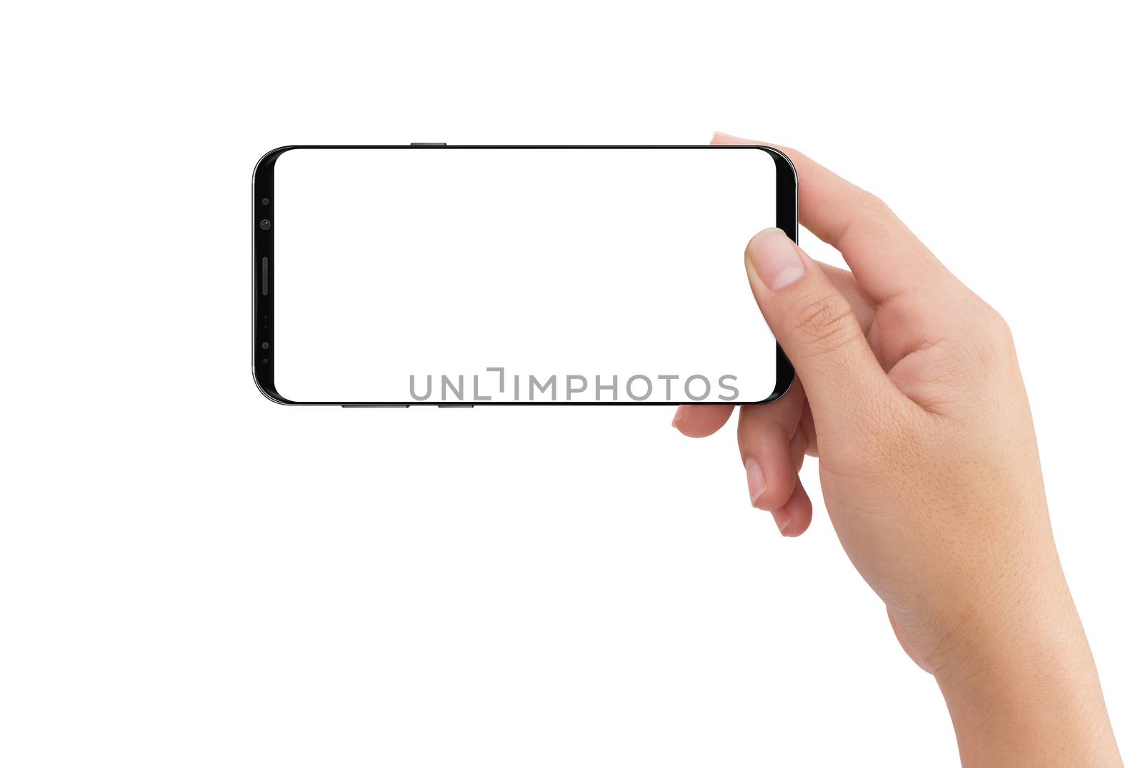 Isolated human right hand holding black mobile white screen smart phone mockup
