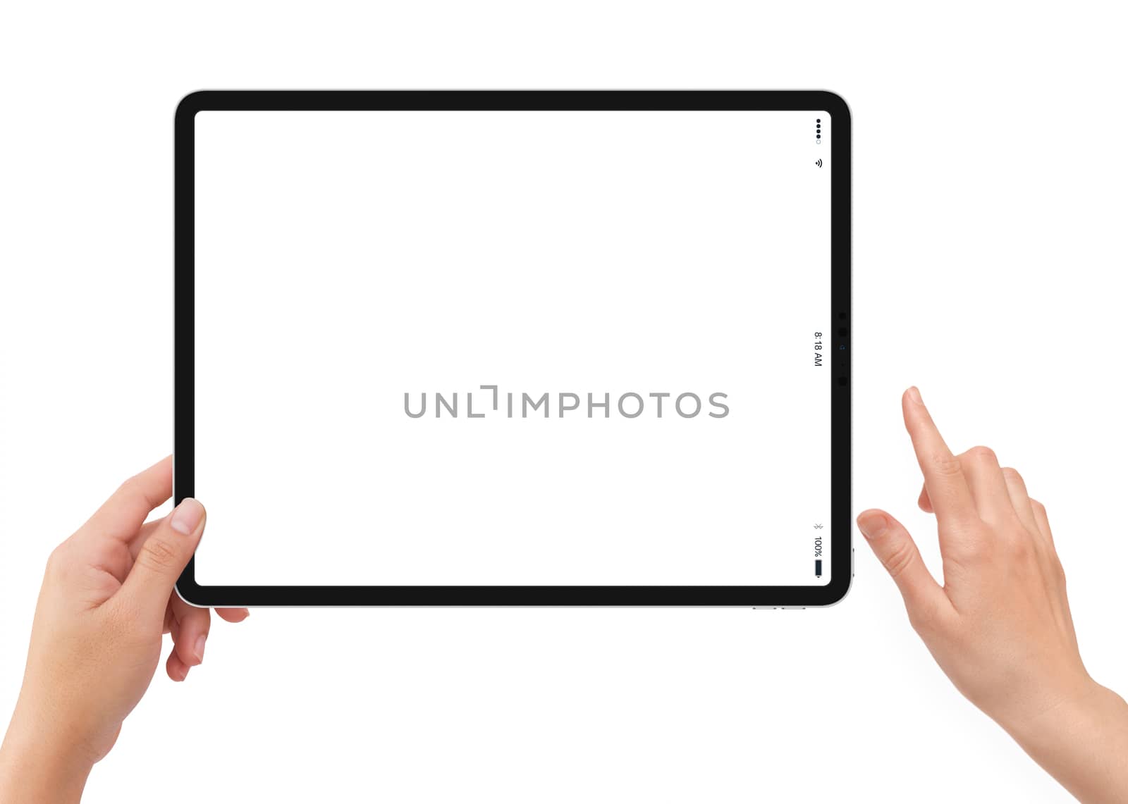 Isolated human left hand holding black tablet media device with white empty screen mockup on white background