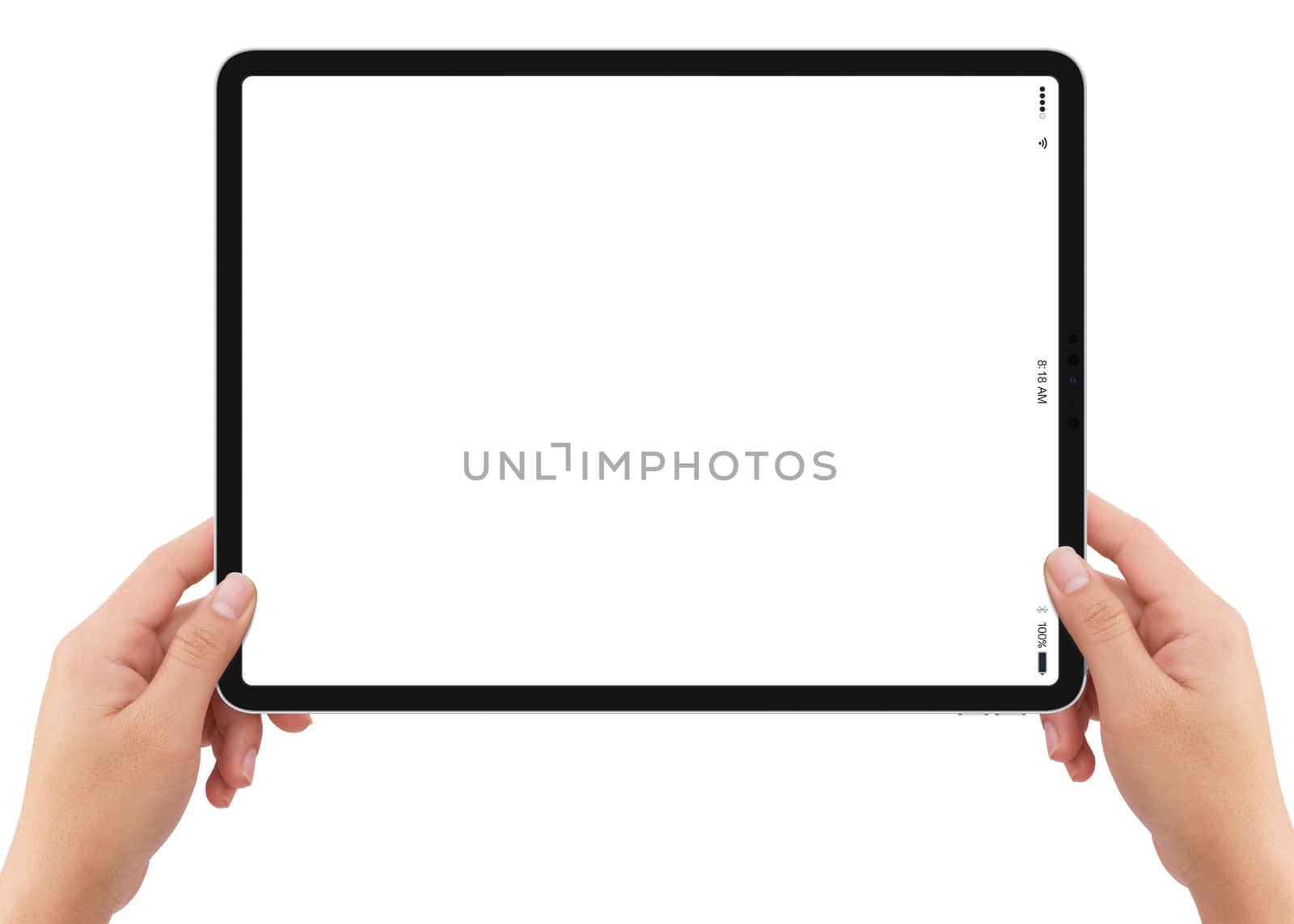 Isolated human left hand holding white tablet computer white screen mockup on white background