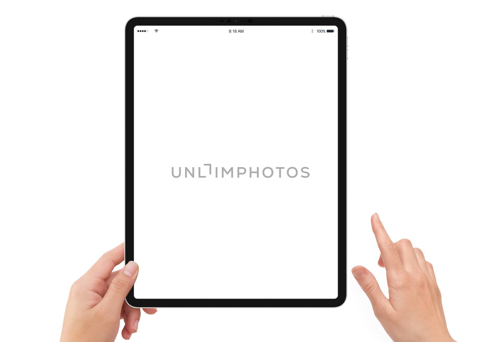 Isolated human left hand holding vertical black tablet media device with white empty screen mockup on white background