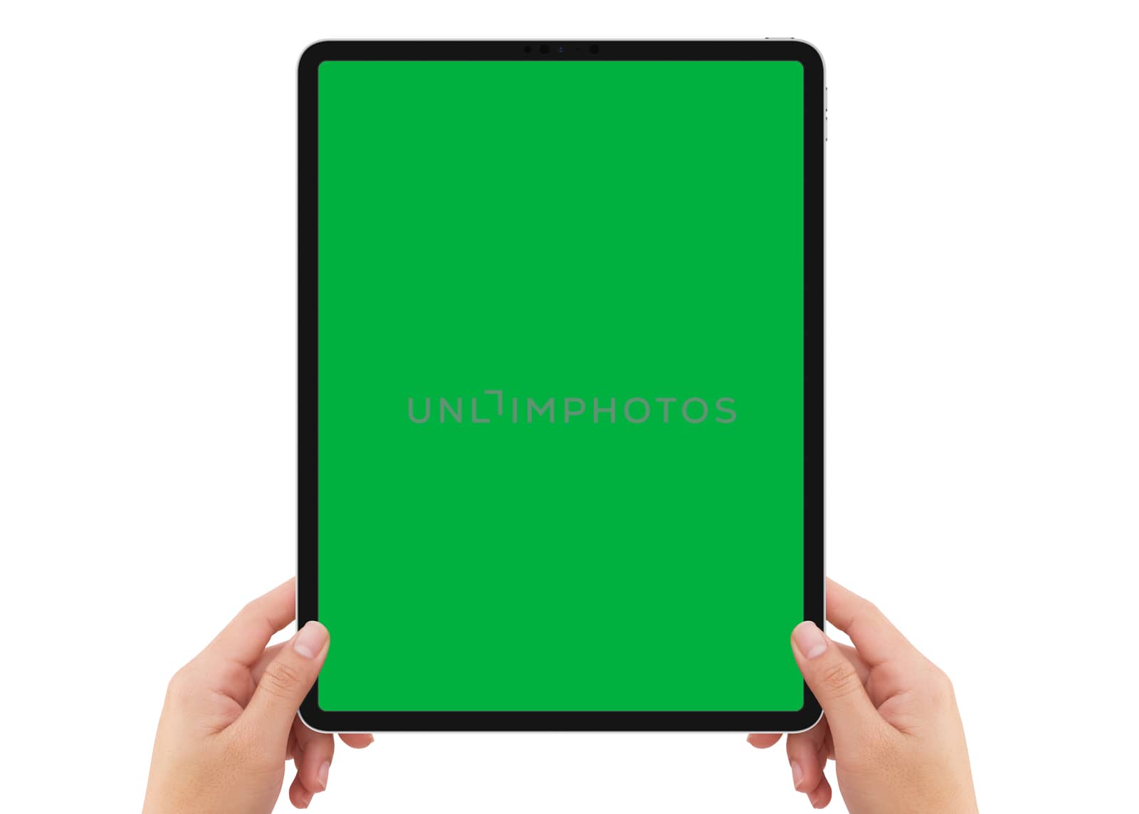 Isolated human left hand holding vertical black tablet media device with green screen for video production