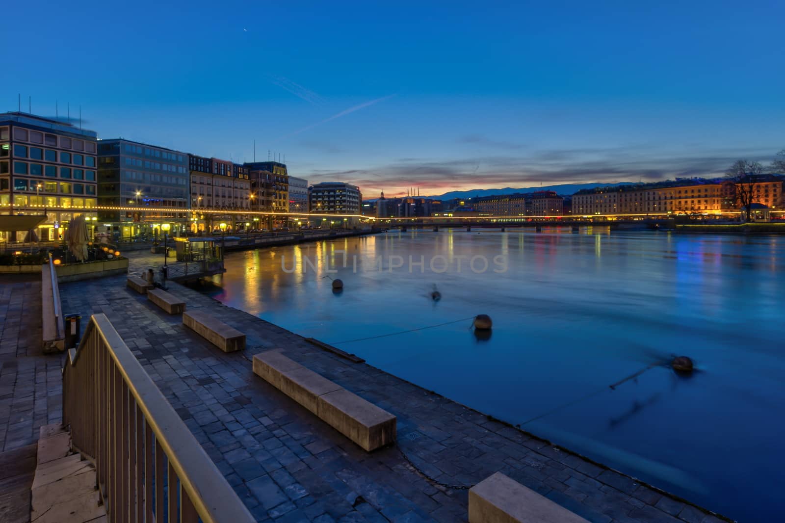 Rhone river by night in Geneva, Switzerland, HDR