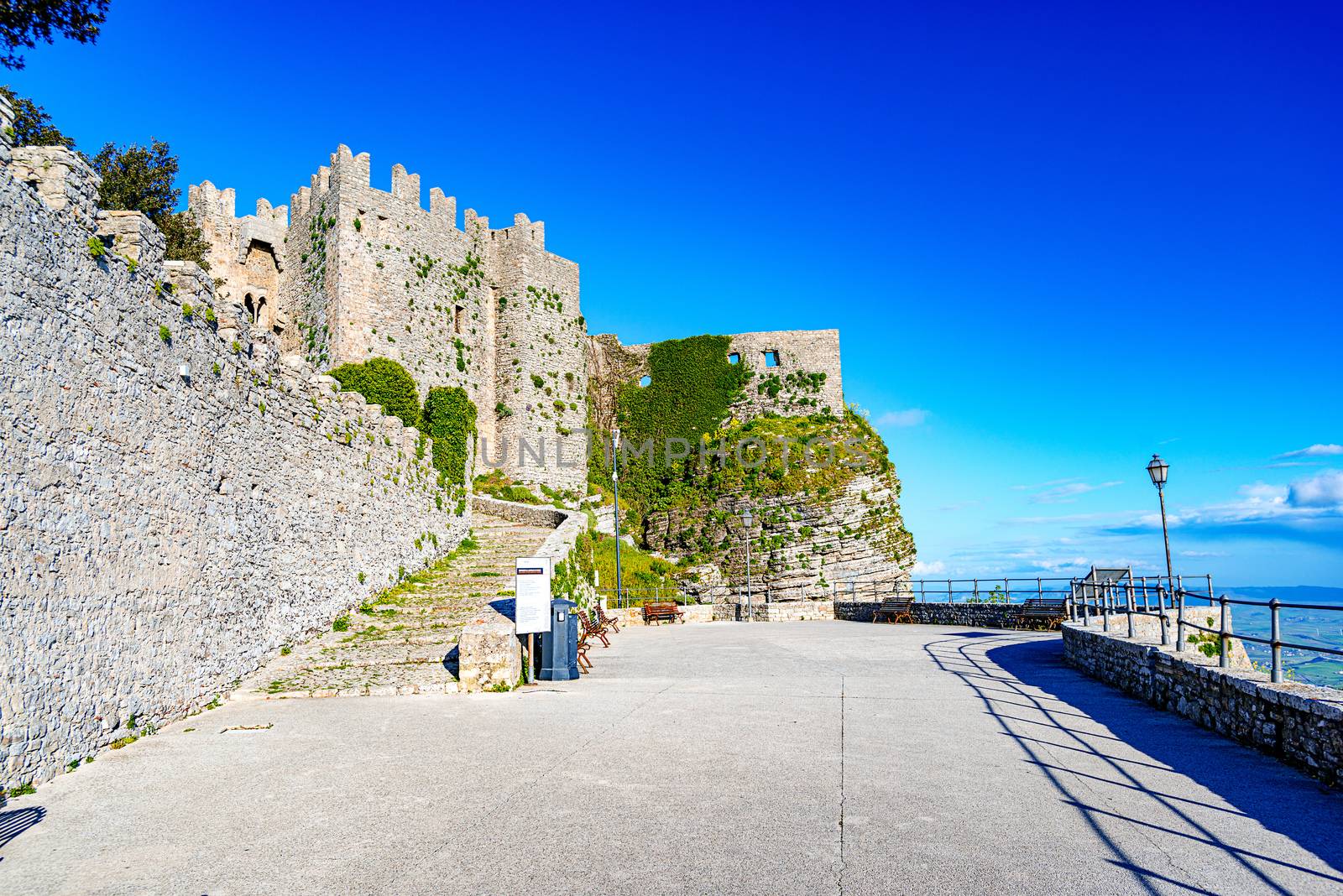 Ruined walls of Norman Castle called Venus Castle in Erice, small town located on a mountain near Trapani city, Sicily Island in Italy