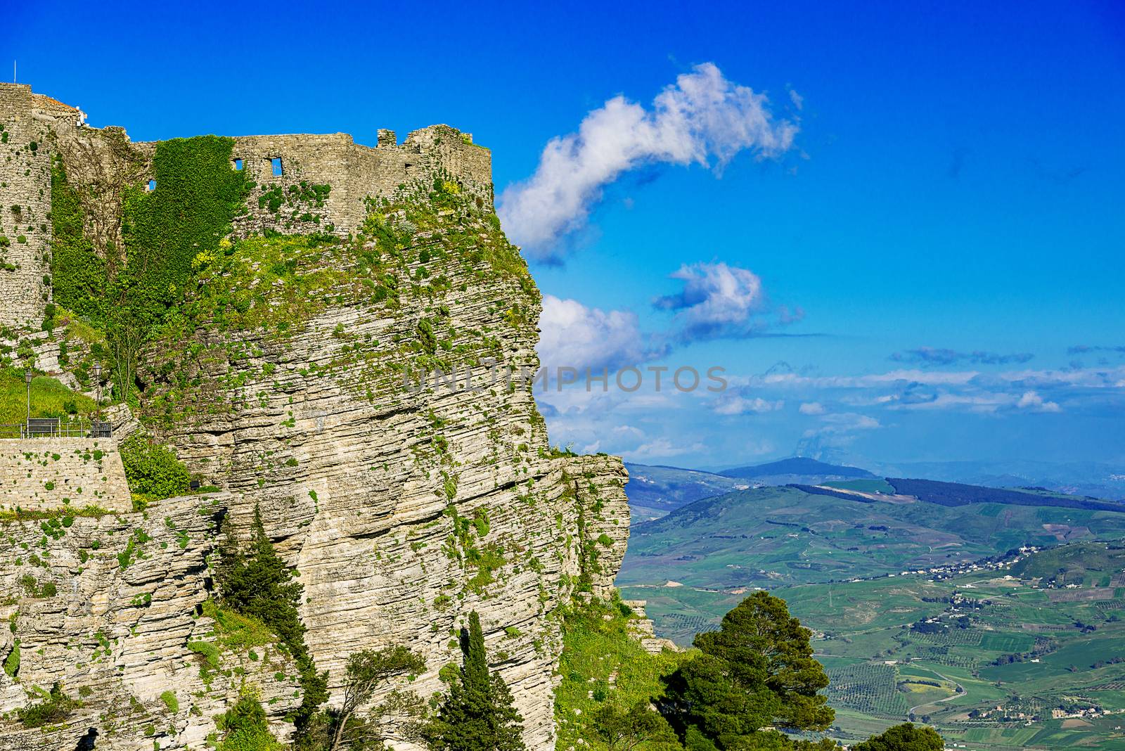 Ruined walls of Norman Castle called Venus Castle in Erice, small town located on a mountain near Trapani city, Sicily Island in Italy