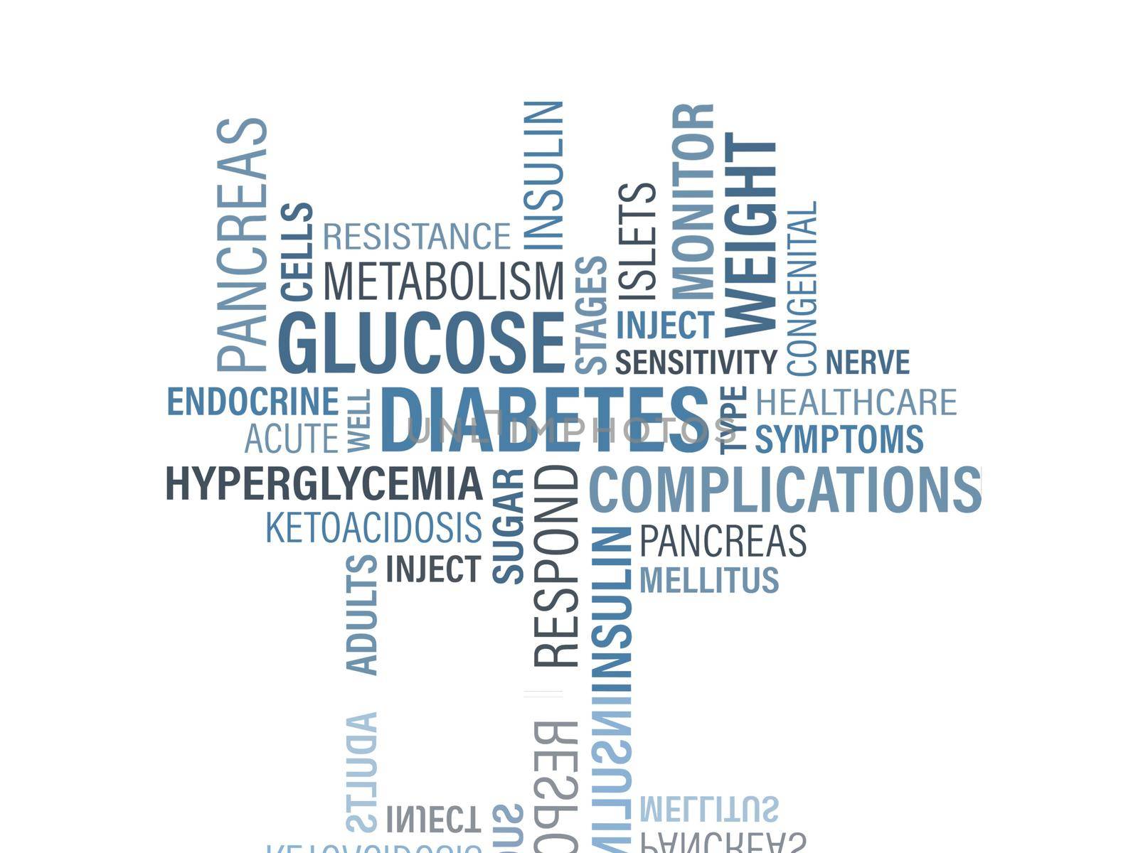 vocabulary blue word related to diabetes disease on white background - 3d rendering
