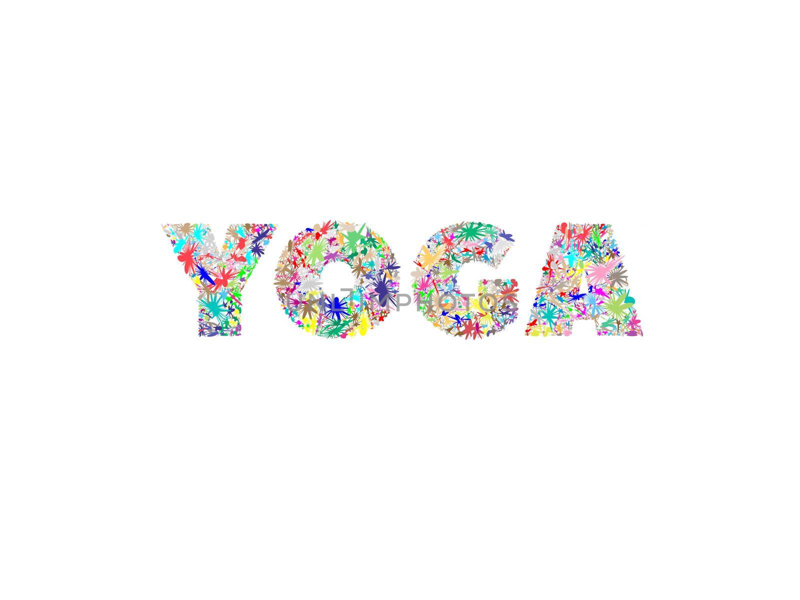 the word yoga with many colors on a white background - 3d rendering by mariephotos
