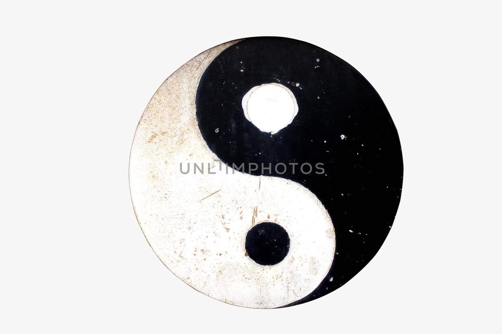 Isolate Yin Yang symbol on old metal plates on white background with clipping path. by panyajampatong