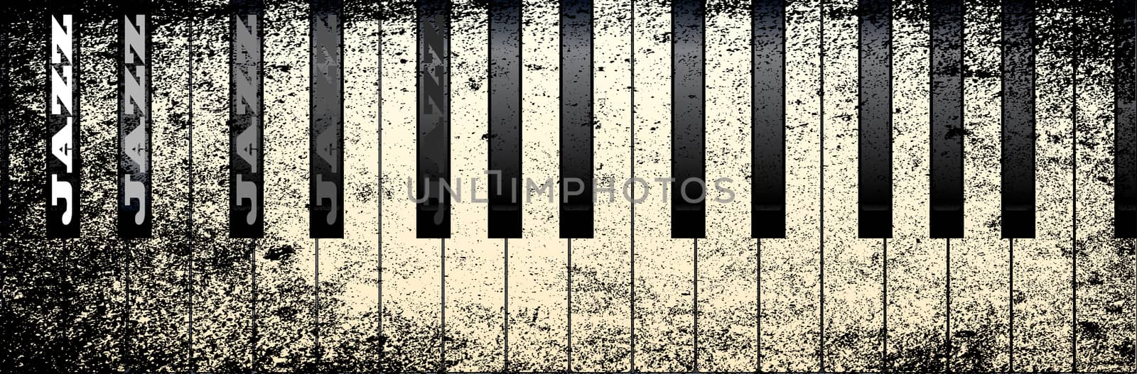 Piano keys in a grunge style with the legend JAZZ on several black keys
