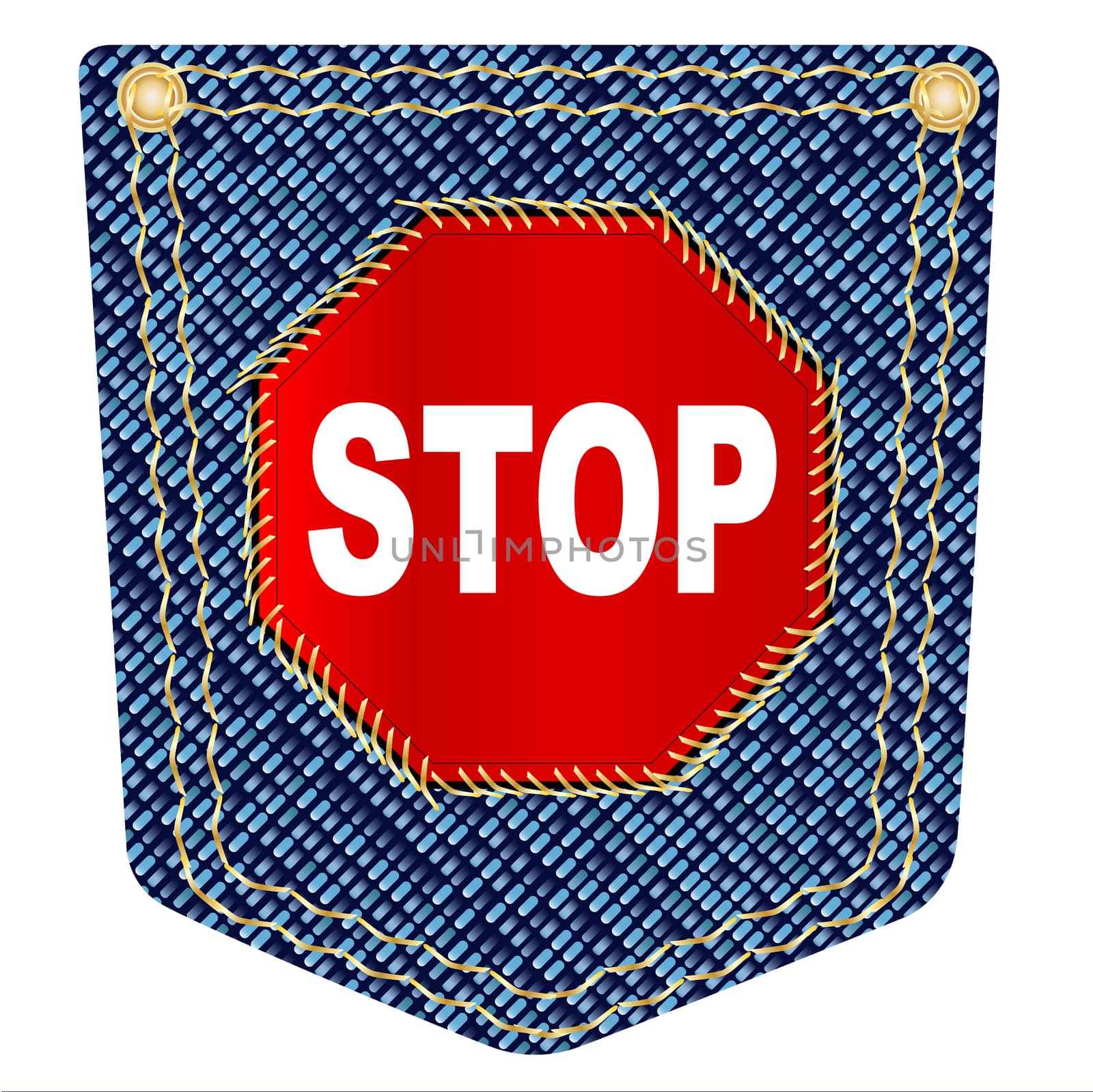 A plain blue denim pocket with copper studs and a stop sign icon over a white background