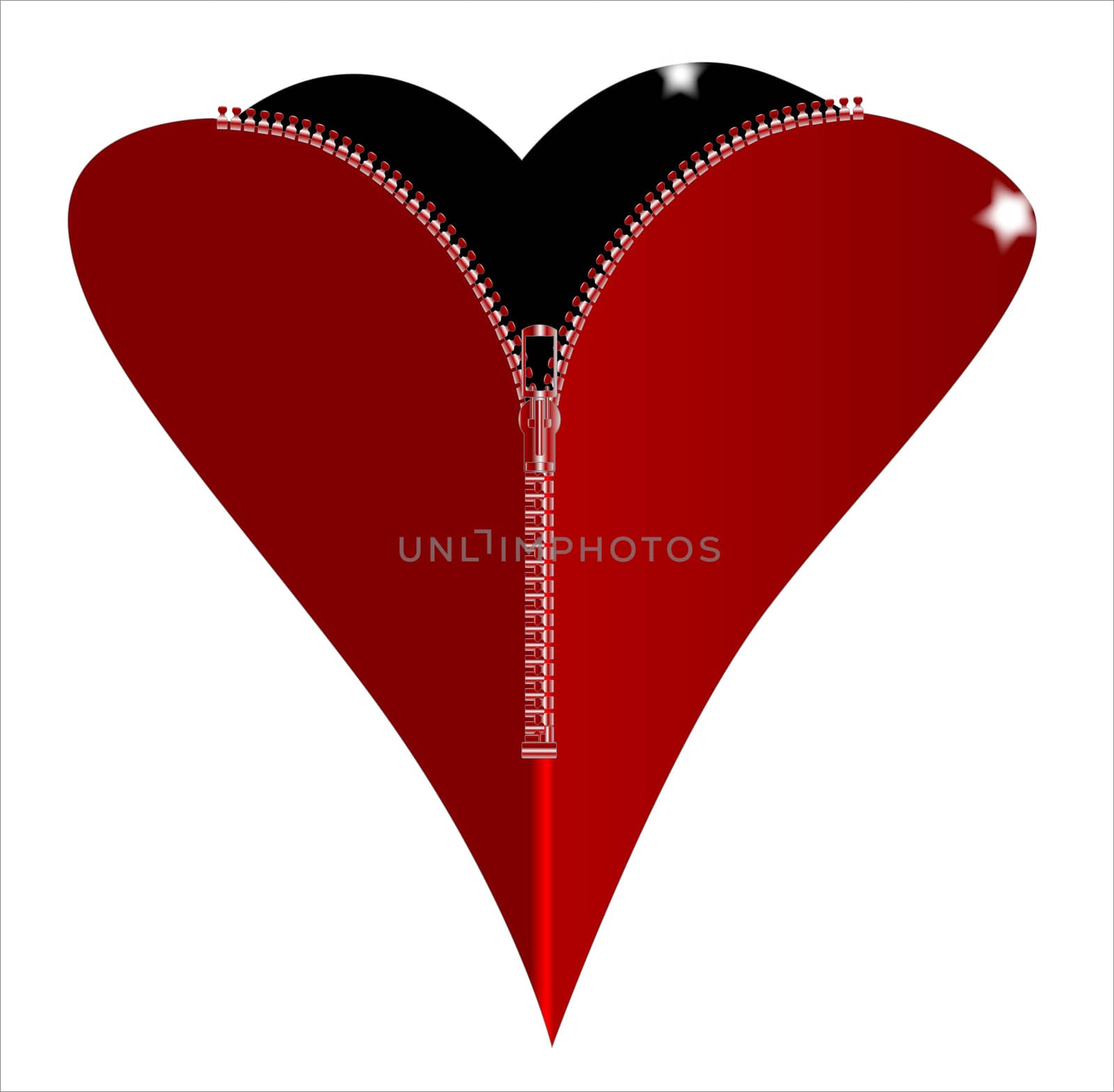 A red heart with a zipper showing a black heart within