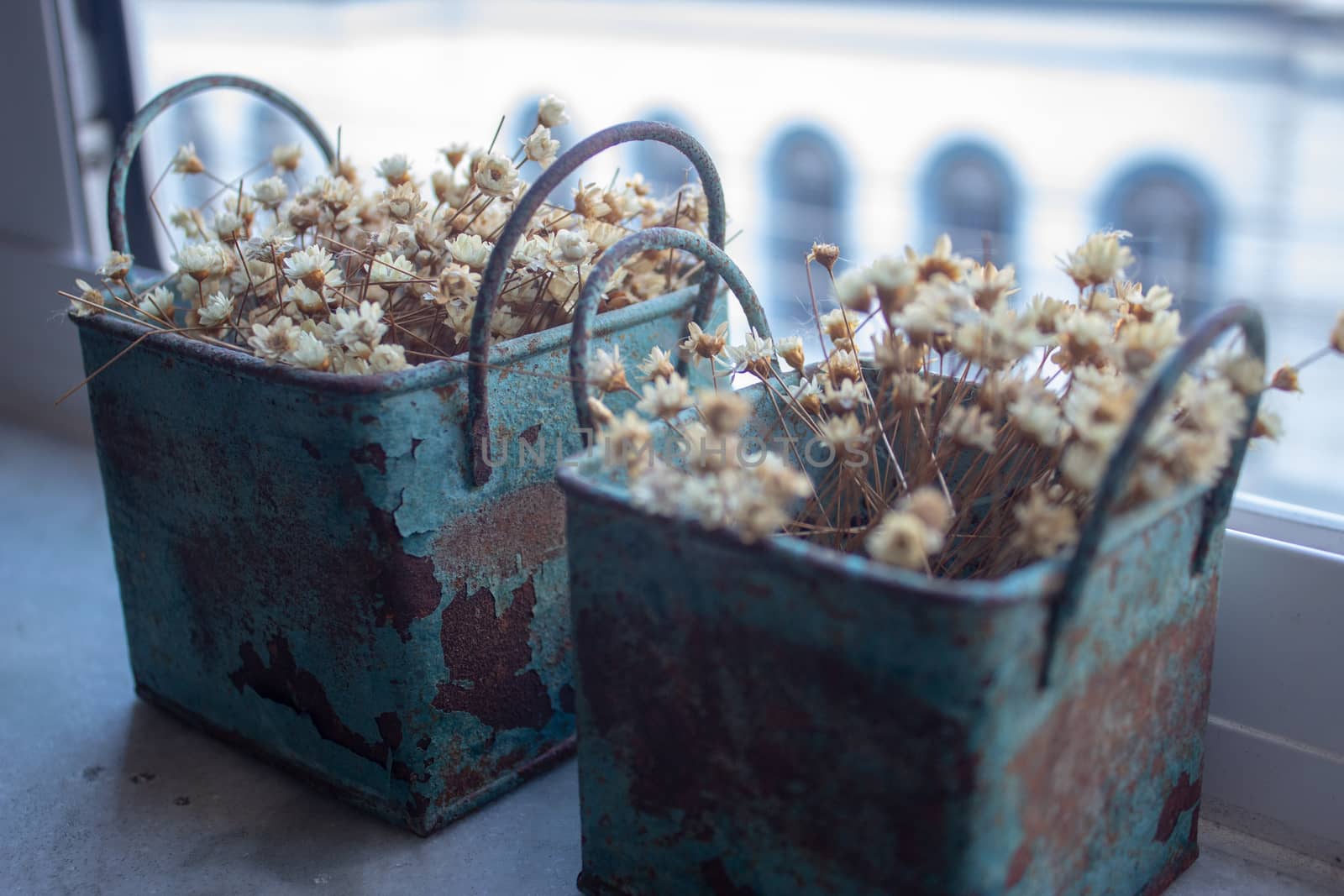 Bunch of tinny artificial flowers, hay colored, inside two blue metal boxes, very old and rusted