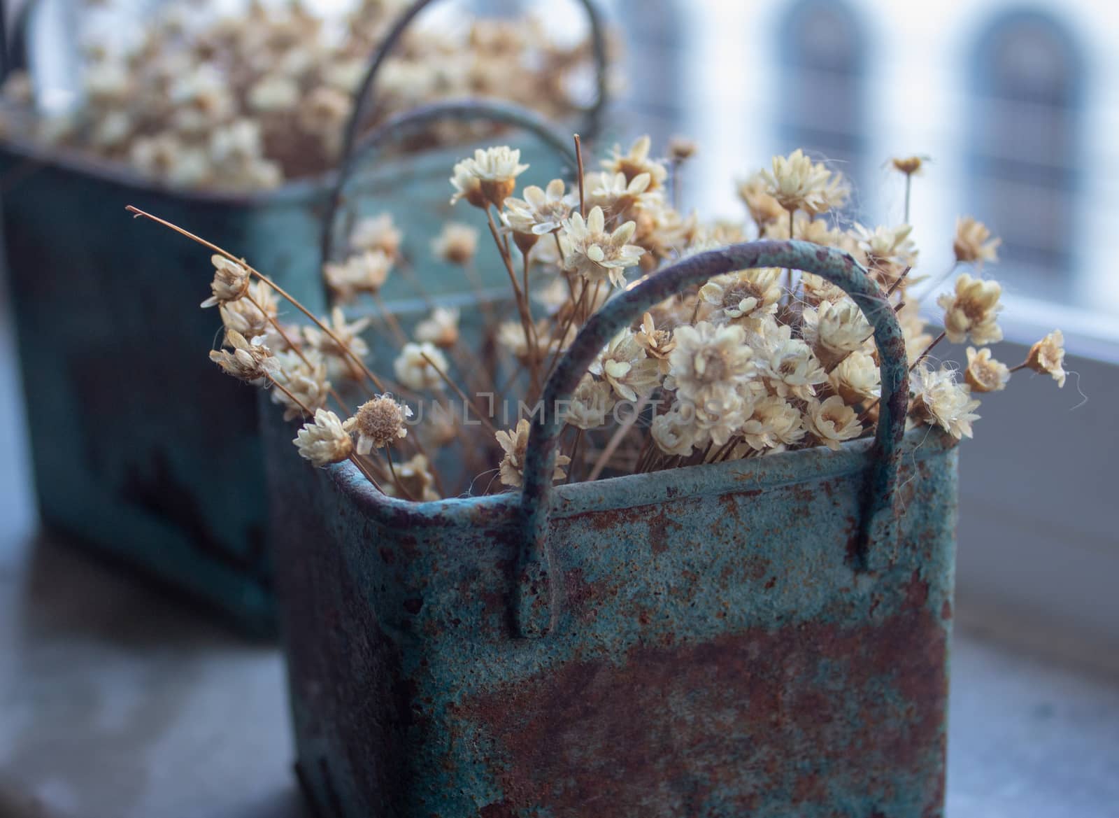 Bunch of tinny artificial flowers, hay colored, inside two blue metal boxes, very old and rusted