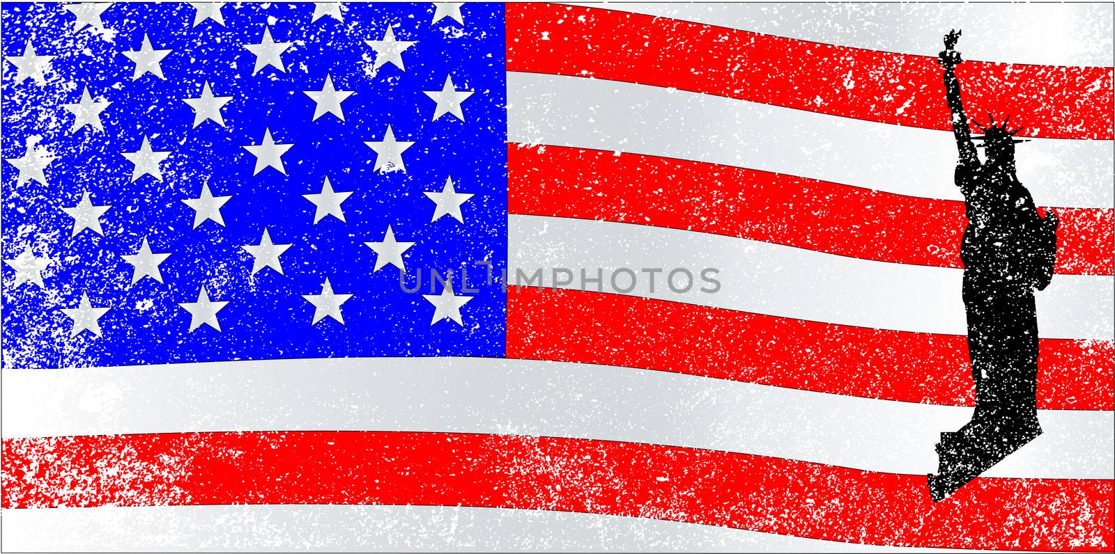 An American flag, the Stars and Stripes with a silhouette of the statue of liberty inset