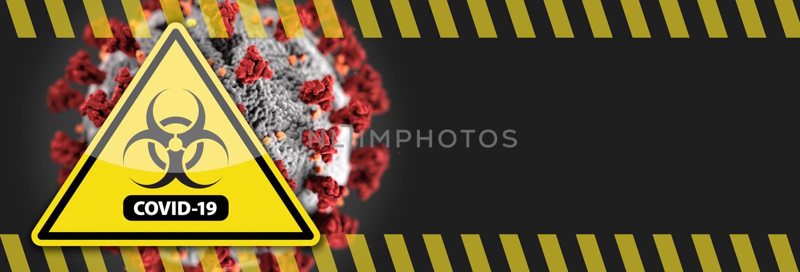 Banner of Coronavirus COVID-19 Bio-hazard Warning Sign with Virus Illustration Behind. by Feverpitched
