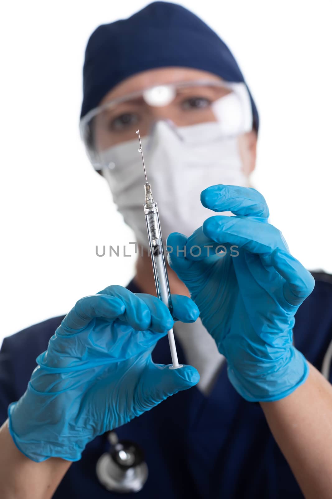 Doctor or Nurse Holding Medical Syringe with Needle on White Background. by Feverpitched
