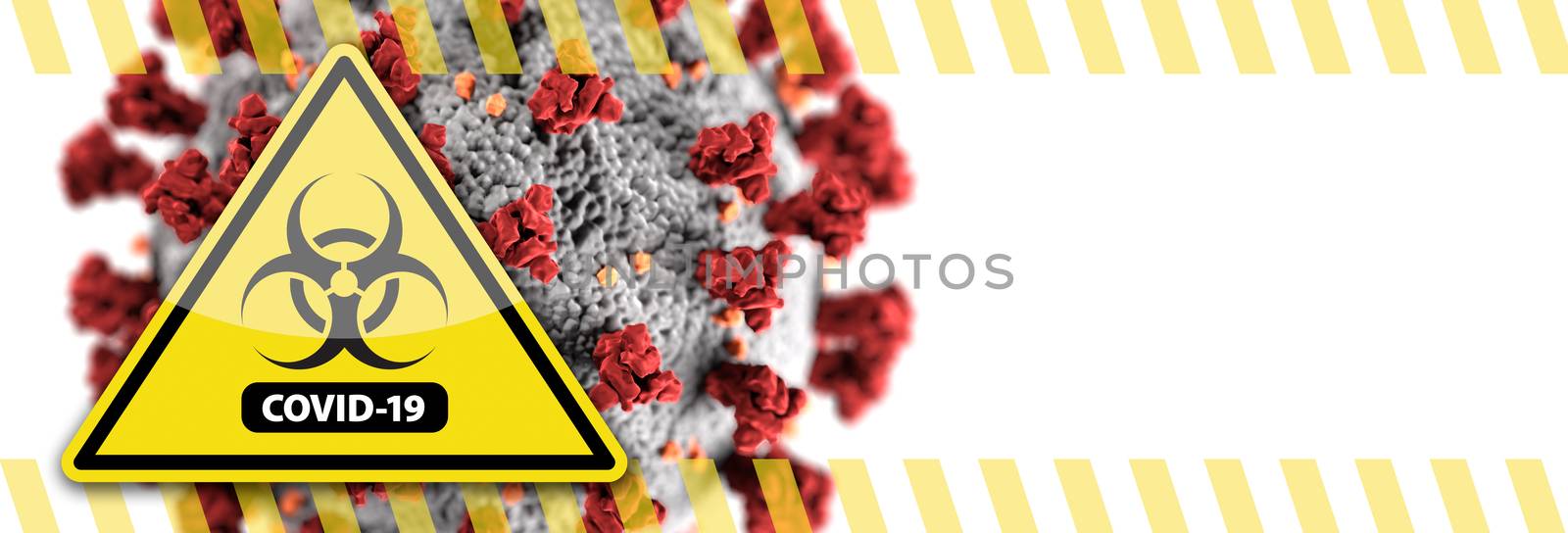 Banner of Coronavirus COVID-19 Bio-hazard Warning Sign with Virus Illustration Behind.