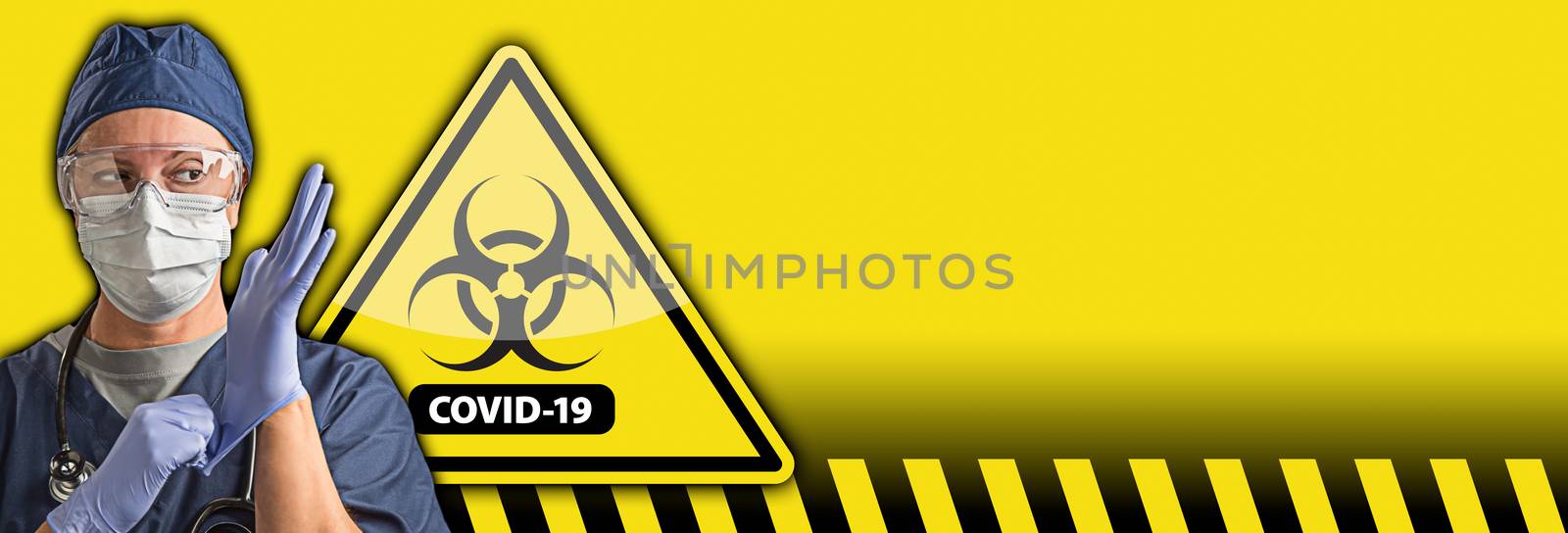 Banner of Doctor or Nurse Wearing Protective Equipment and Coronavirus COVID-19 Bio-hazard Warning Sign Behind.