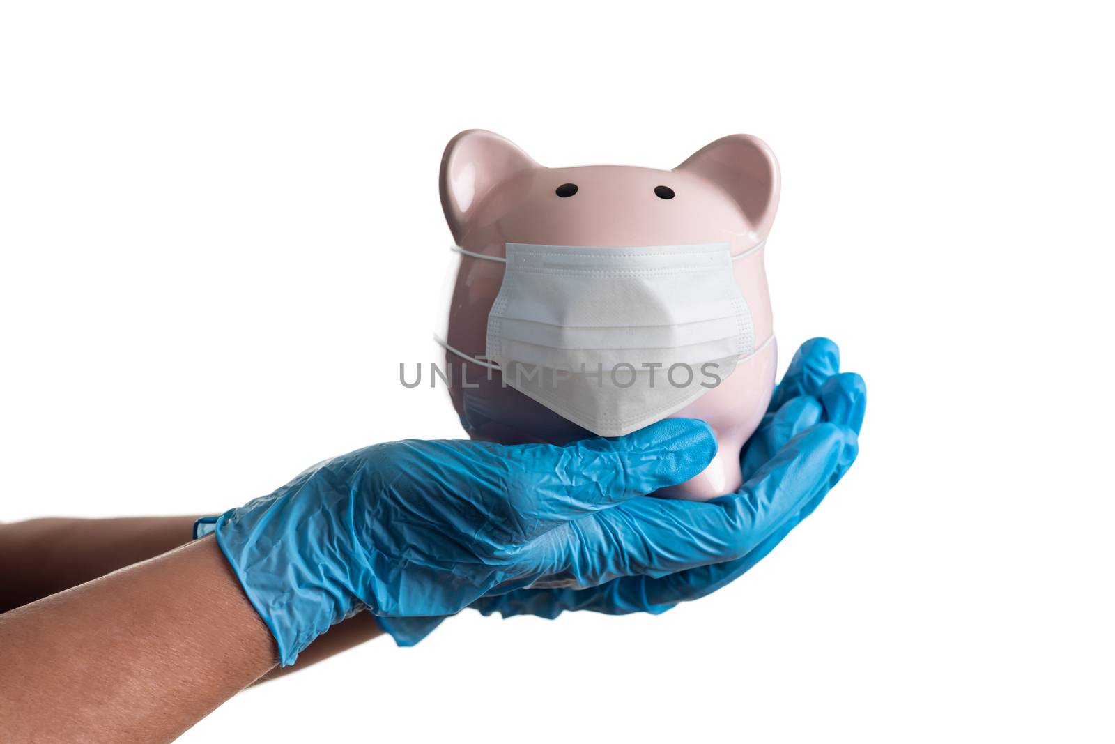 Doctor or Nurse Wearing Surgical Gloves Holding Piggy Bank Wearing Medical Face Mask Isolated on White. by Feverpitched