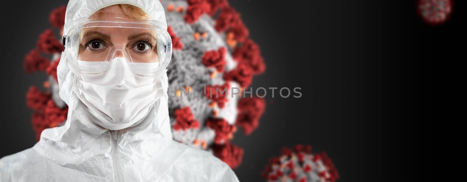 Banner of Female Doctor or Nurse In Medical Face Mask and Protective Gear With Coronavirus Behind. by Feverpitched
