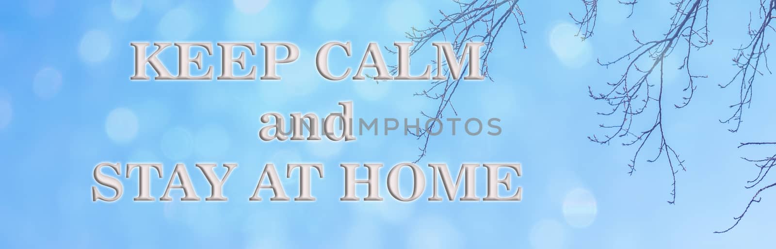 Text of the warning to stay calm and stay at home during the quarantine against the background of leafless tree branches and bright blue spring sky. Natural Wallpaper or web banner with a copy of the space for your design