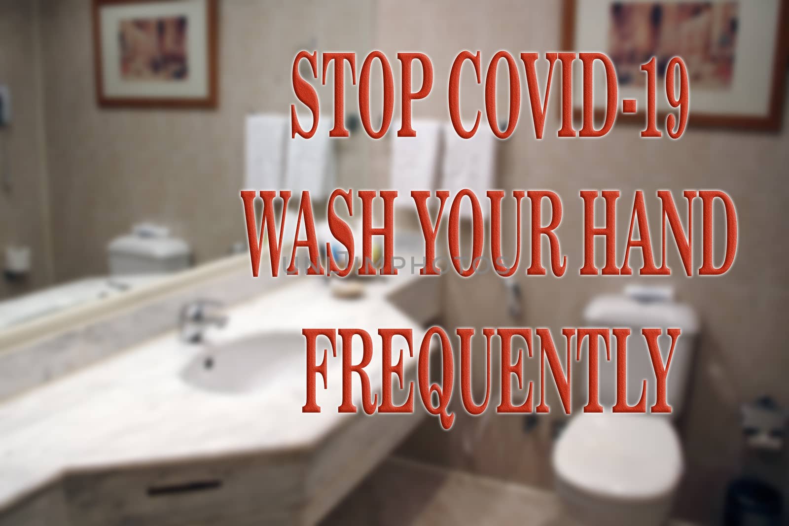 A text that reminds you of hygiene. Hand washing helps in fighting bacteria and preventing the COVID-19 virus. Blurred background of the bathroom interior.