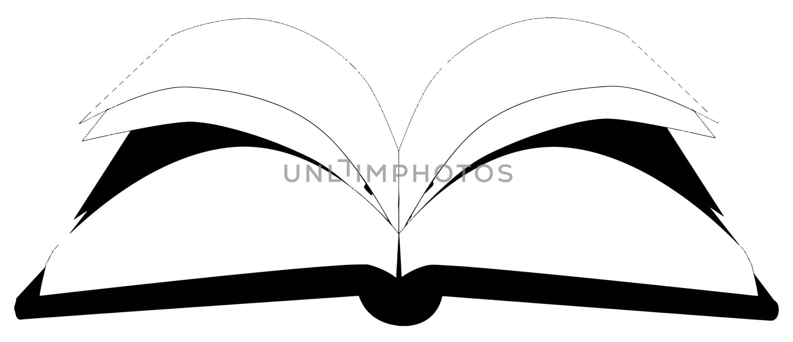 An open book in black and white on a white background